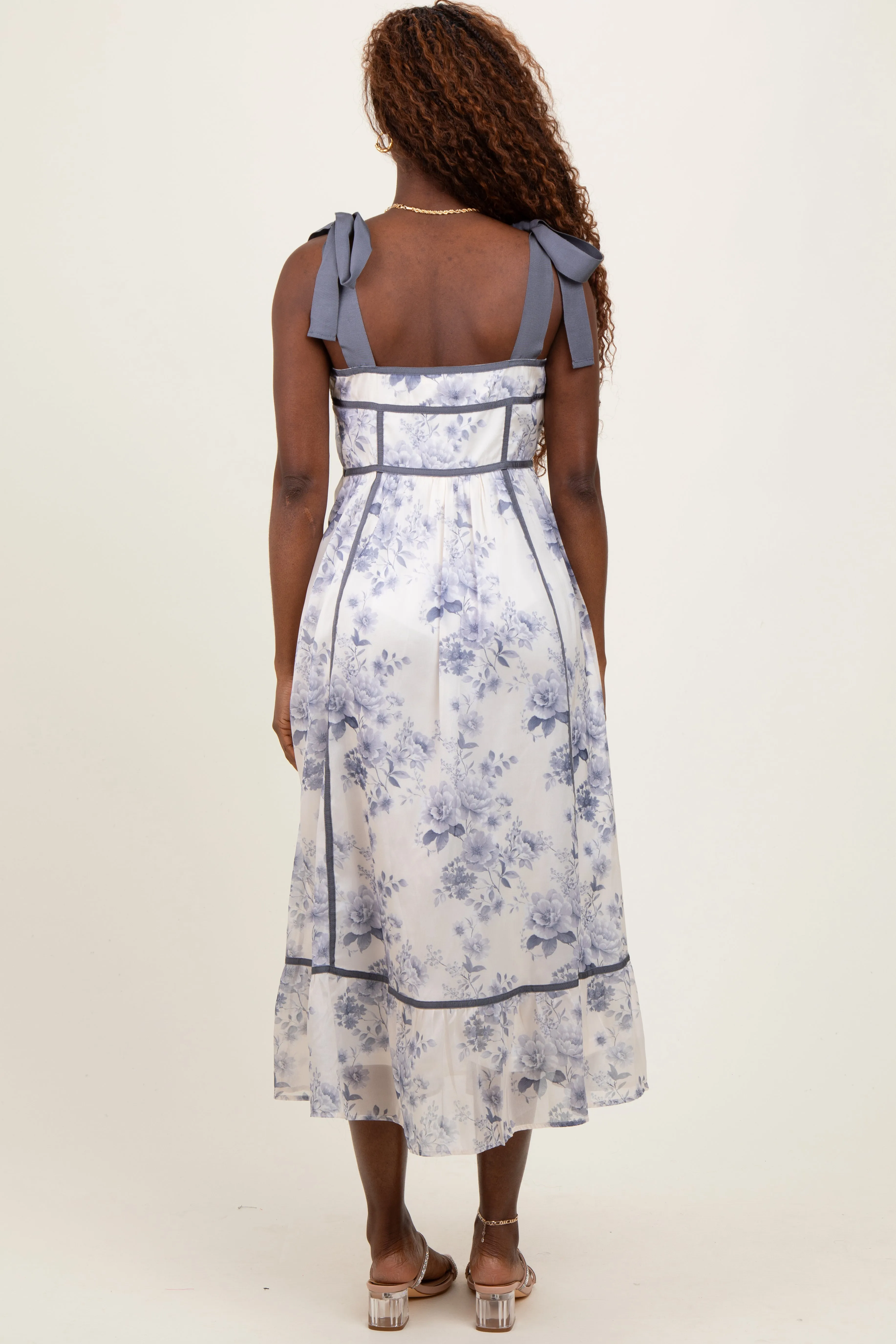 Grey Blue Floral Shoulder Tie Midi Dress sold by Pinkblush product image thumbnail 4