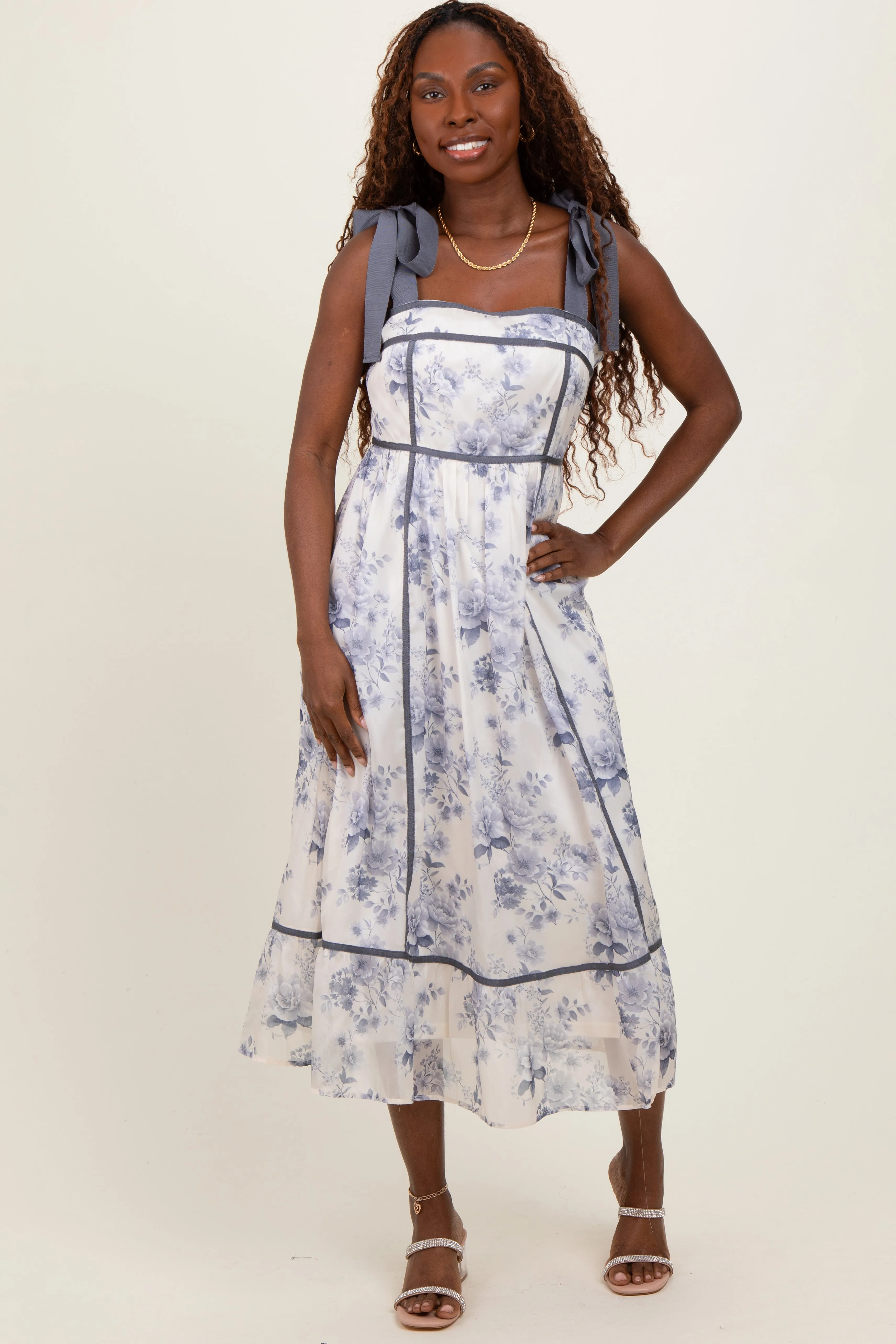 Grey Blue Floral Shoulder Tie Midi Dress sold by Pinkblush