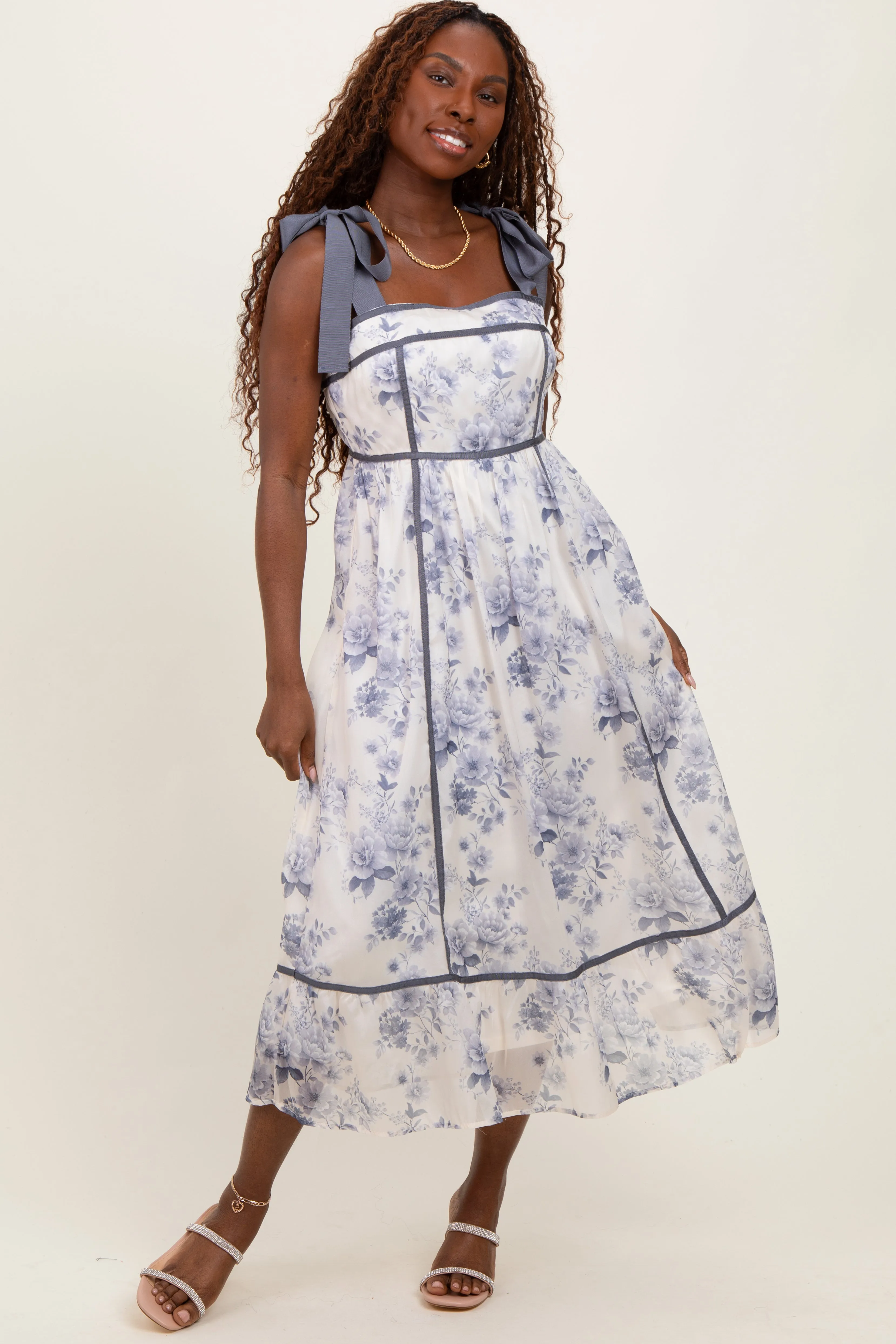 Grey Blue Floral Shoulder Tie Midi Dress sold by Pinkblush product image thumbnail 2