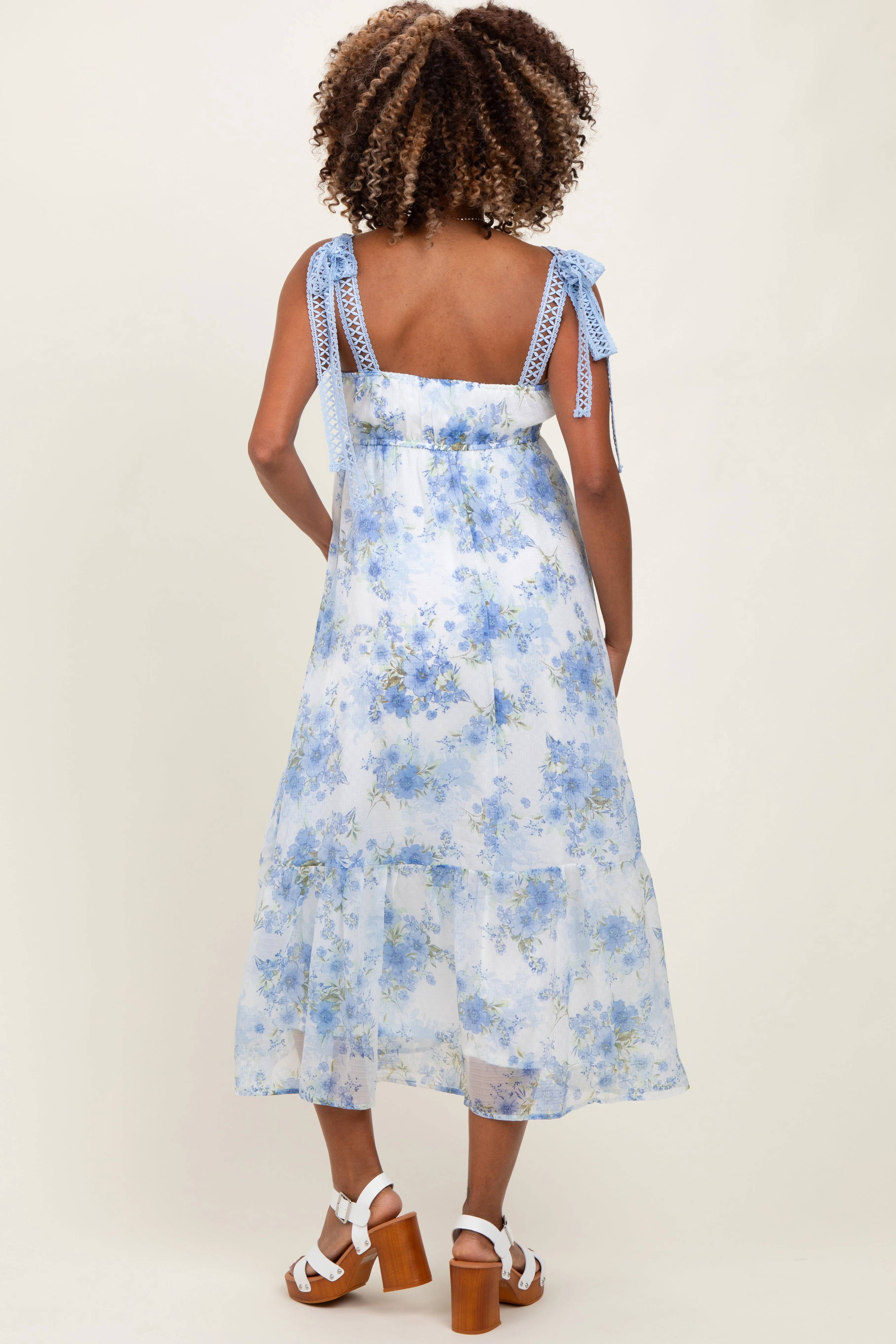 Blue Floral Chiffon Overlay Lace Shoulder Tie Maternity Midi Dress sold by Pinkblush product image thumbnail 3