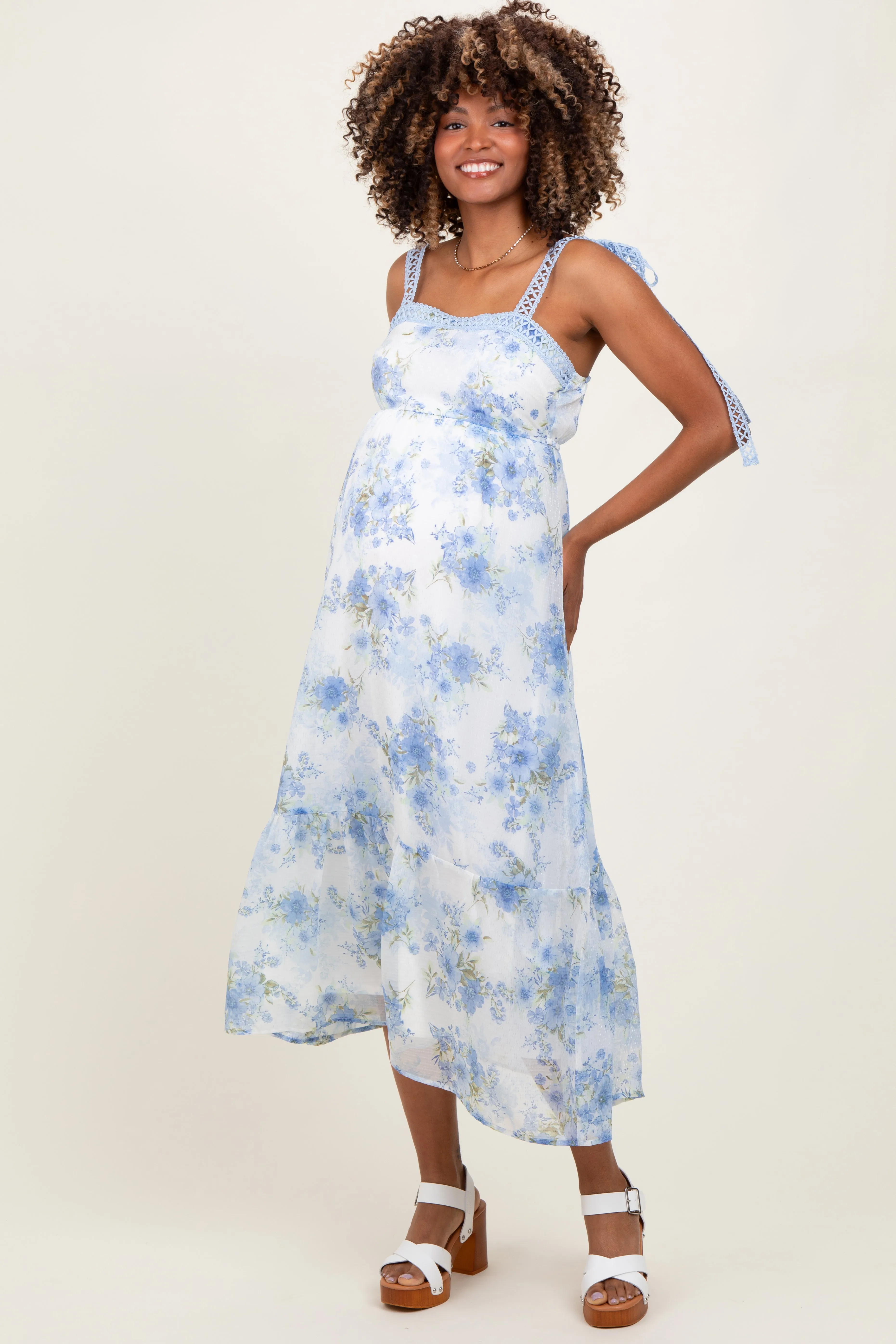 Blue Floral Chiffon Overlay Lace Shoulder Tie Maternity Midi Dress sold by Pinkblush