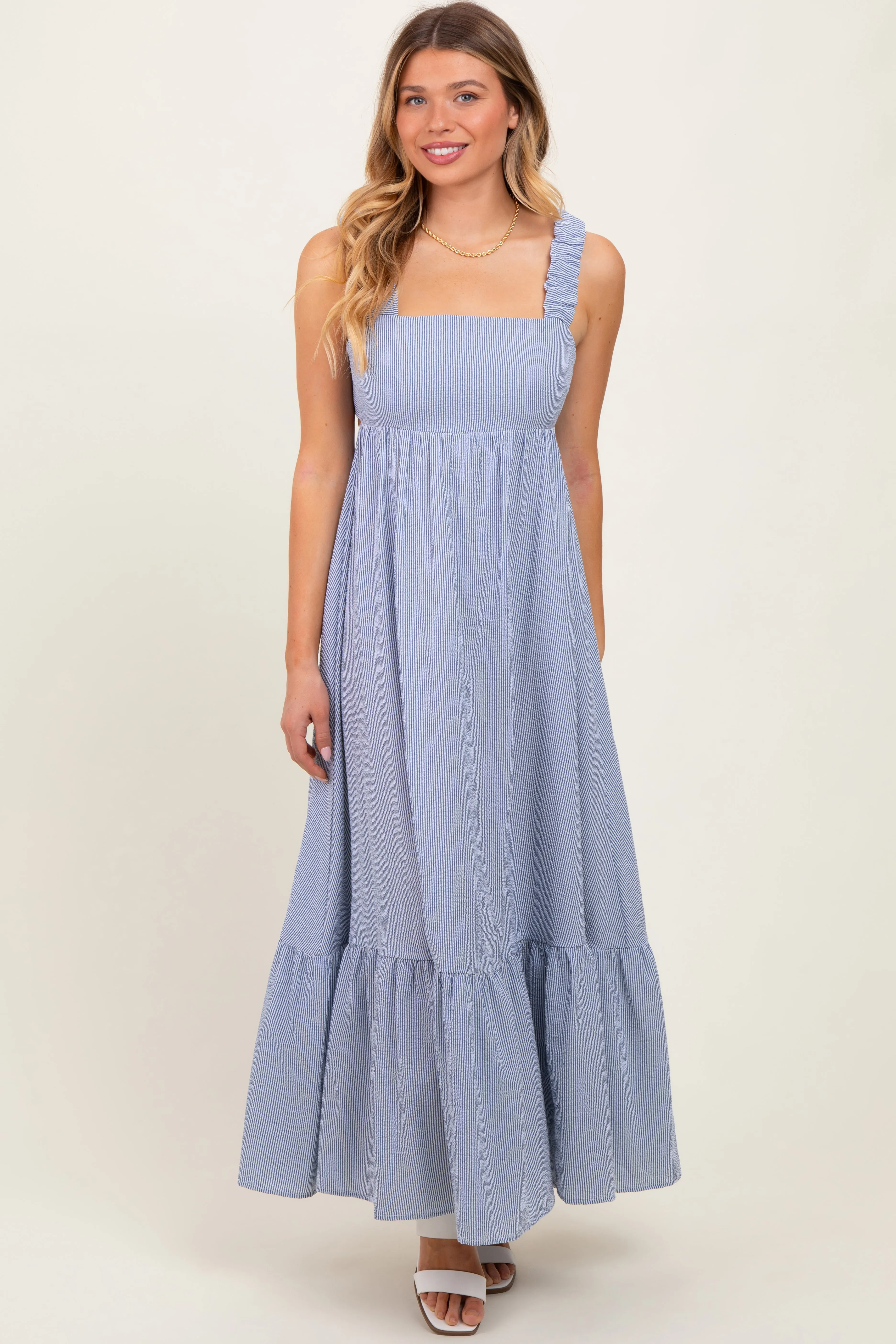 Navy Scrunch Strap Back Tie Ruffle Maxi Dress sold by Pinkblush product image thumbnail 2