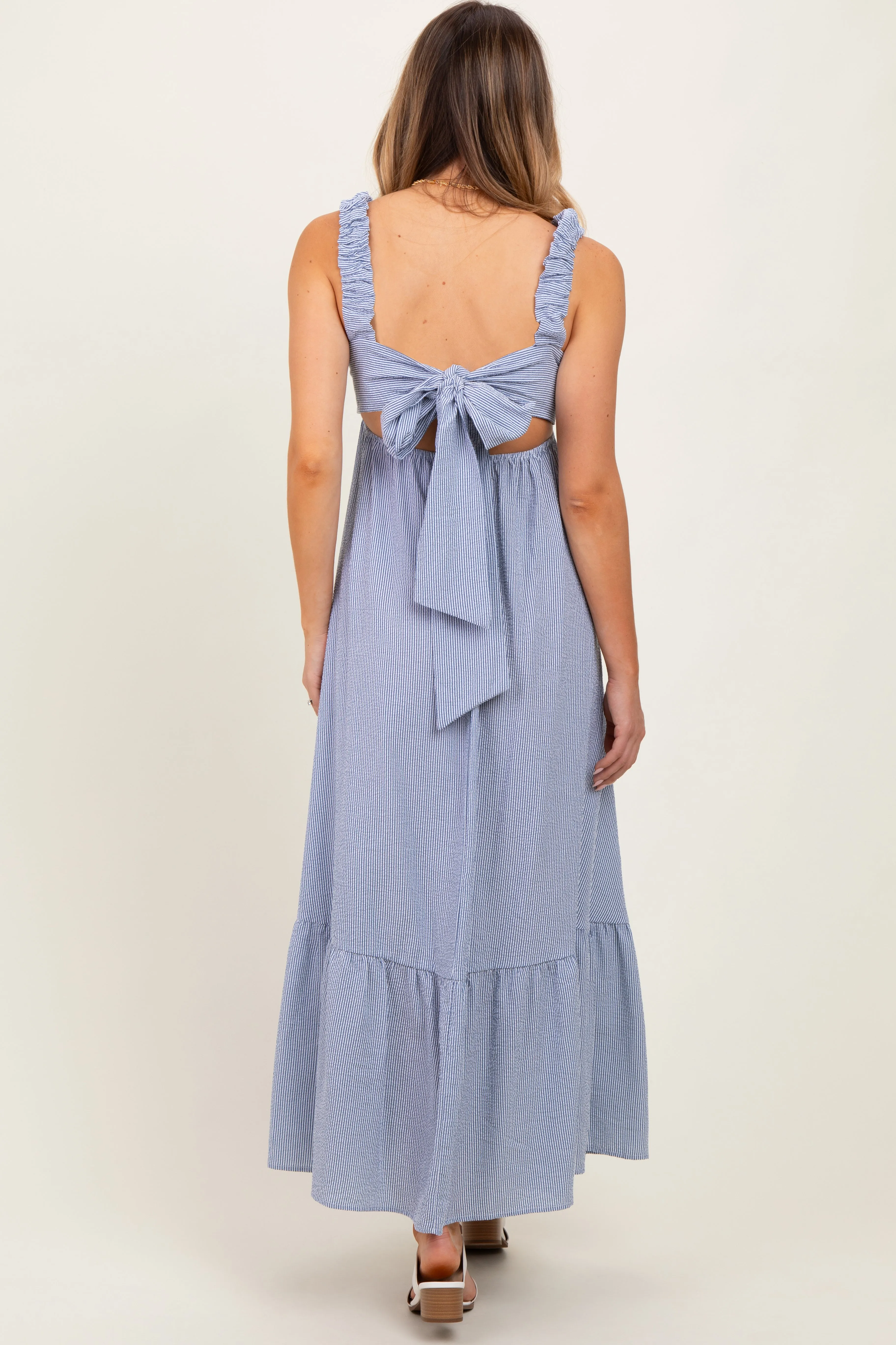 Navy Scrunch Strap Back Tie Ruffle Maxi Dress sold by Pinkblush product image thumbnail 4