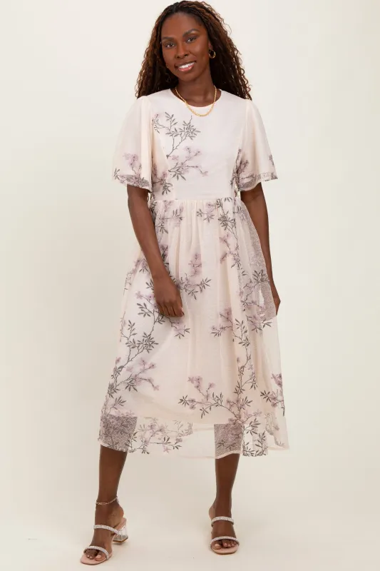 Ivory Floral Embroidered Mesh Midi Dress sold by Pinkblush