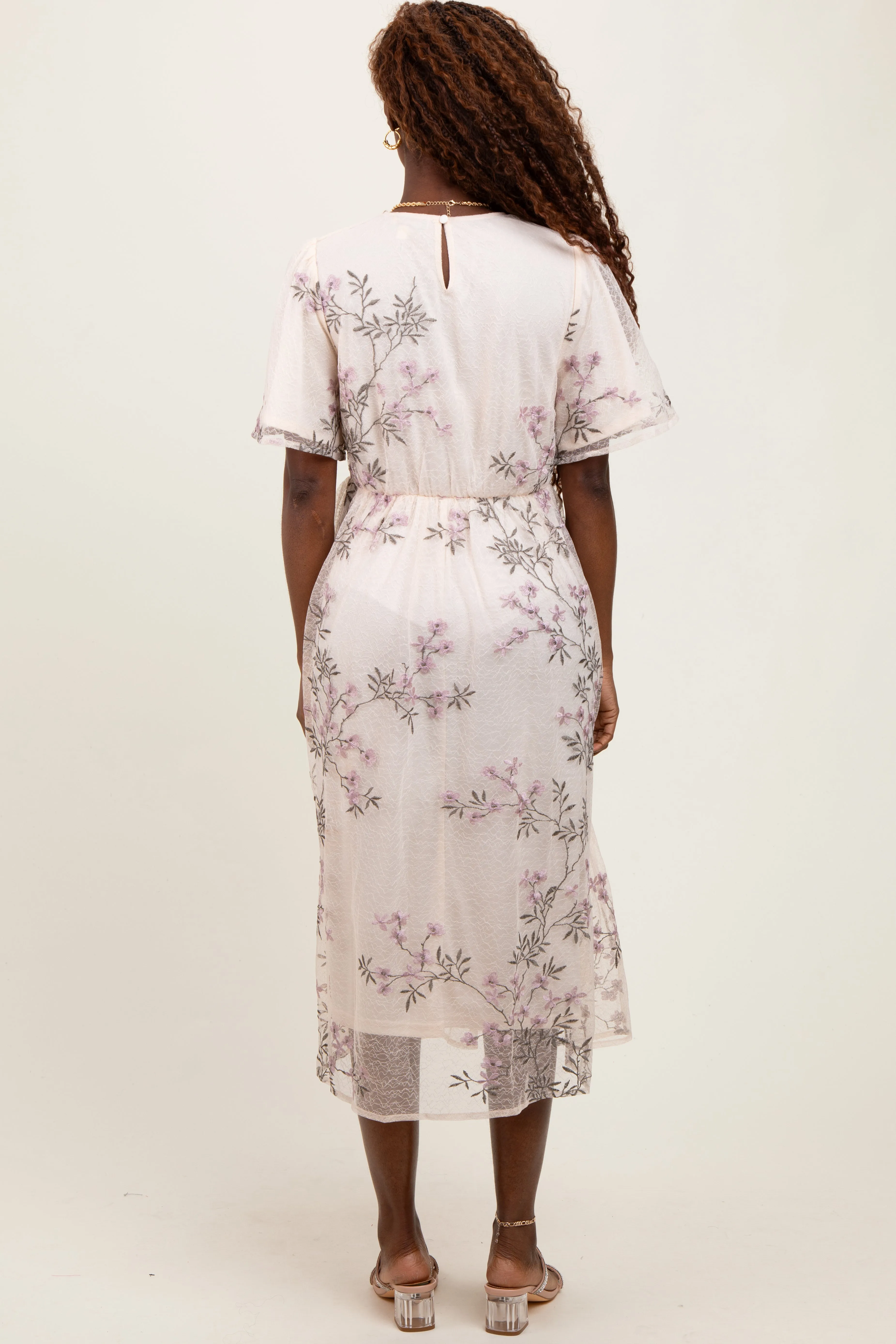 Ivory Floral Embroidered Mesh Midi Dress sold by Pinkblush product image thumbnail 2