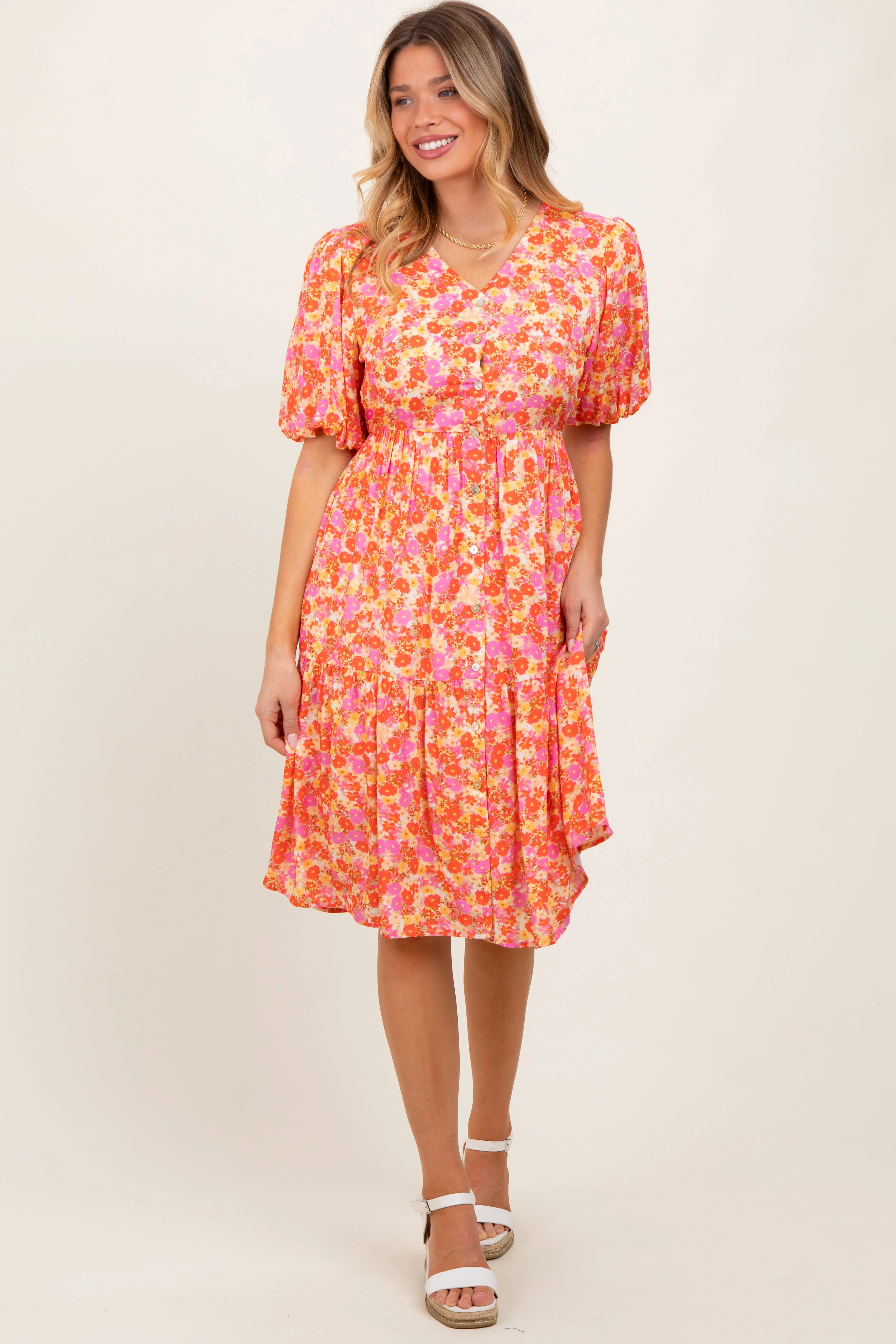 Pink Floral Button Down V-Neck Short Sleeve Dress sold by Pinkblush product image thumbnail 2