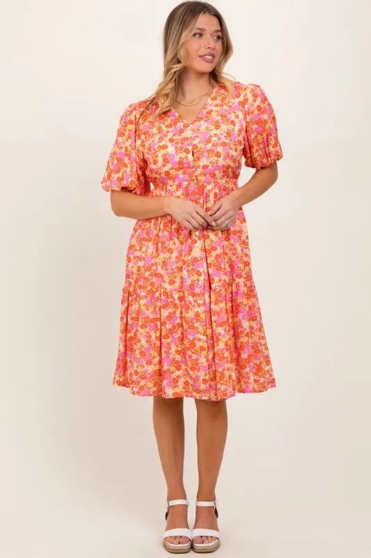 Pink Floral Button Down V-Neck Short Sleeve Dress sold by Pinkblush