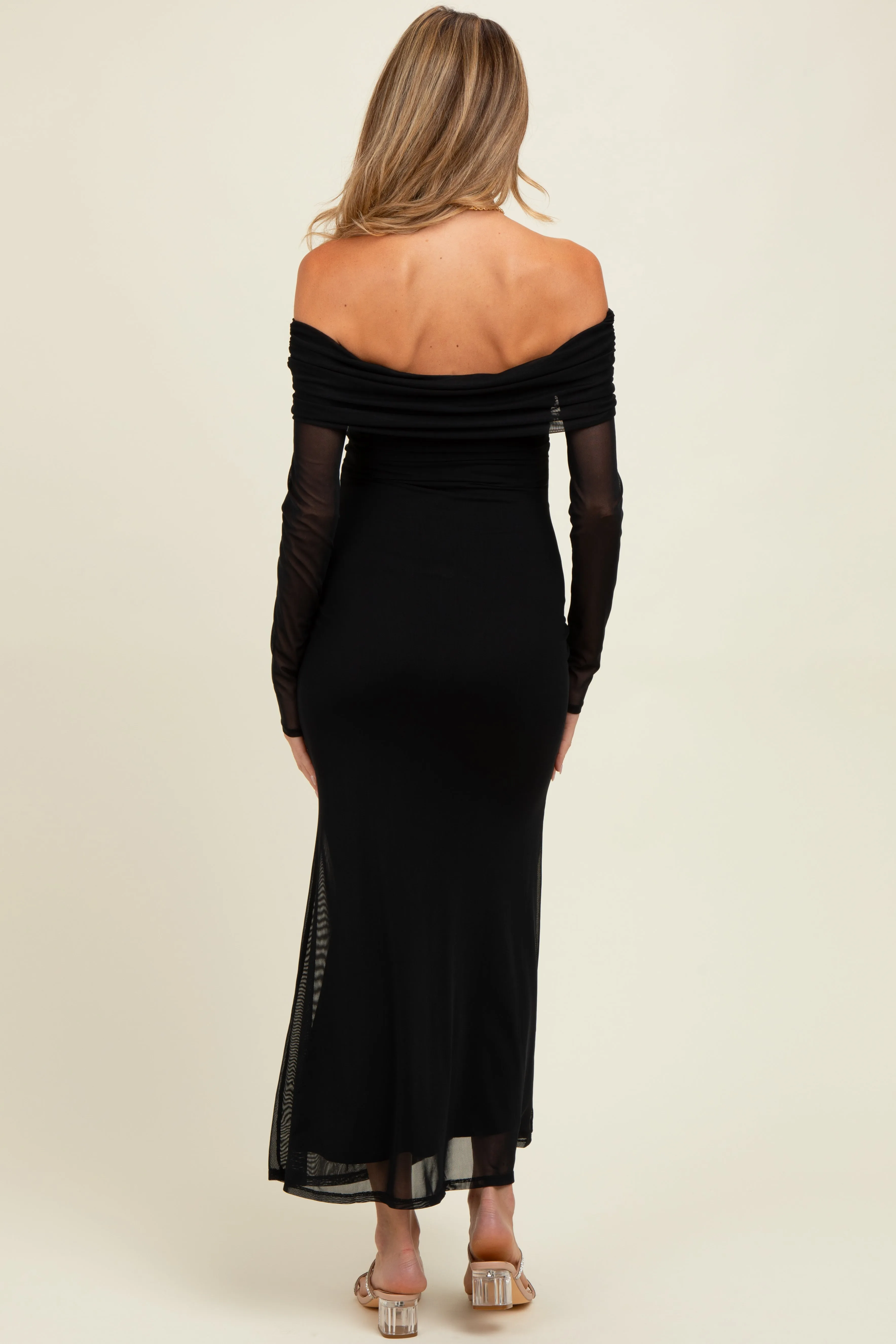 Black Mesh Overlay Off Shoulder Long Sleeve Maternity Midi Dress sold by Pinkblush product image thumbnail 4