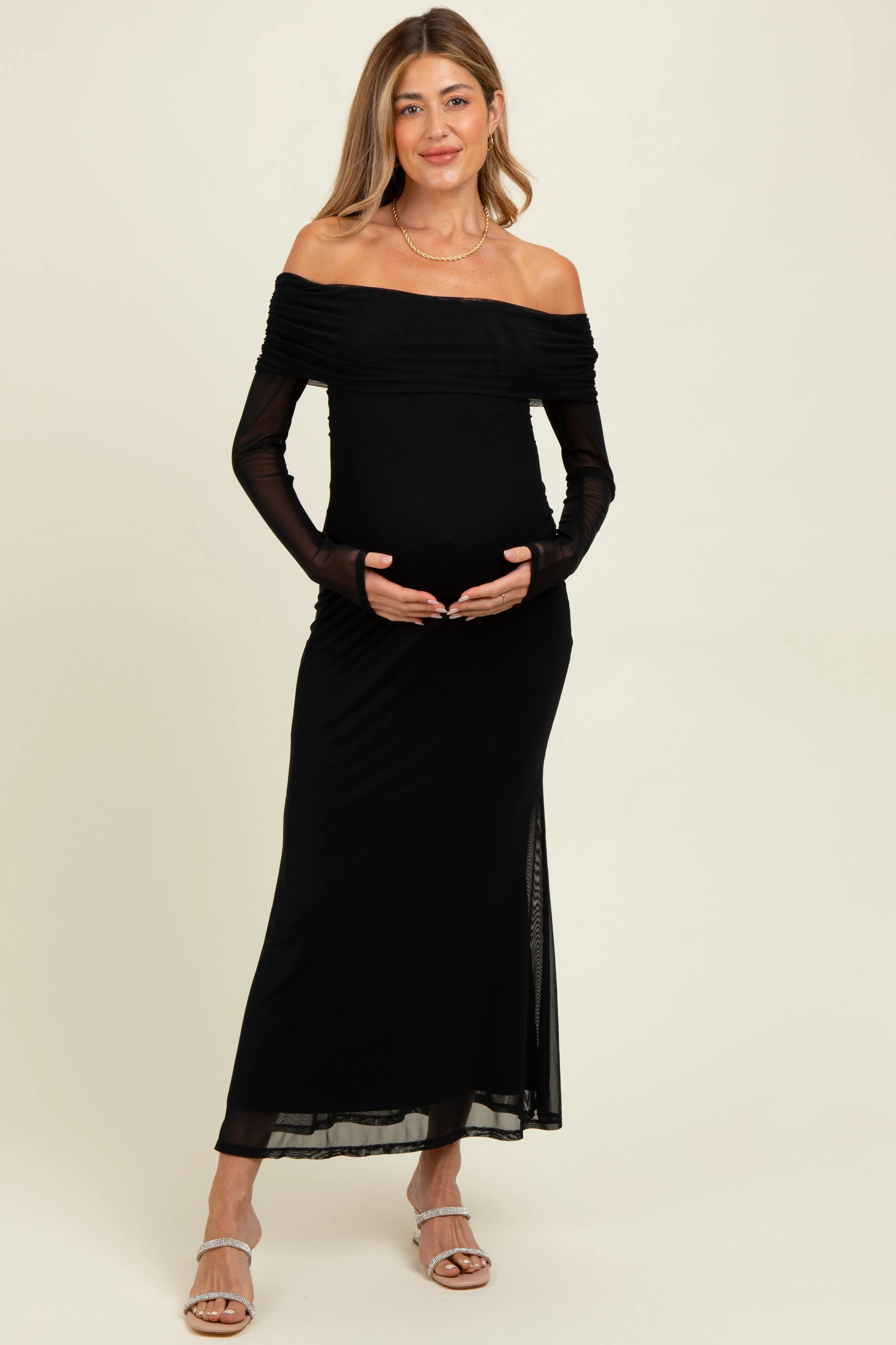 Black Mesh Overlay Off Shoulder Long Sleeve Maternity Midi Dress sold by Pinkblush