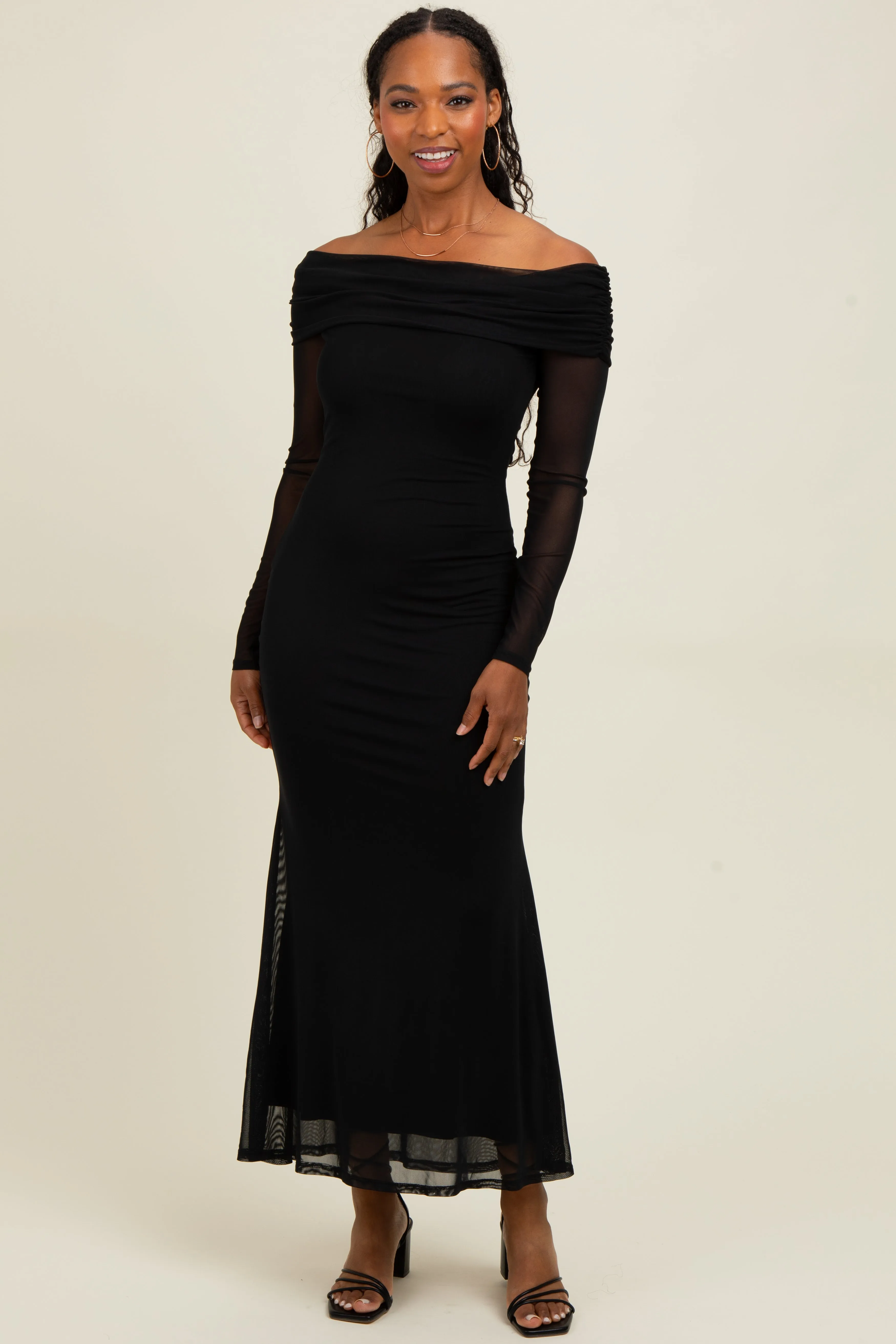 Black Mesh Overlay Off Shoulder Long Sleeve Maternity Midi Dress sold by Pinkblush product image thumbnail 5