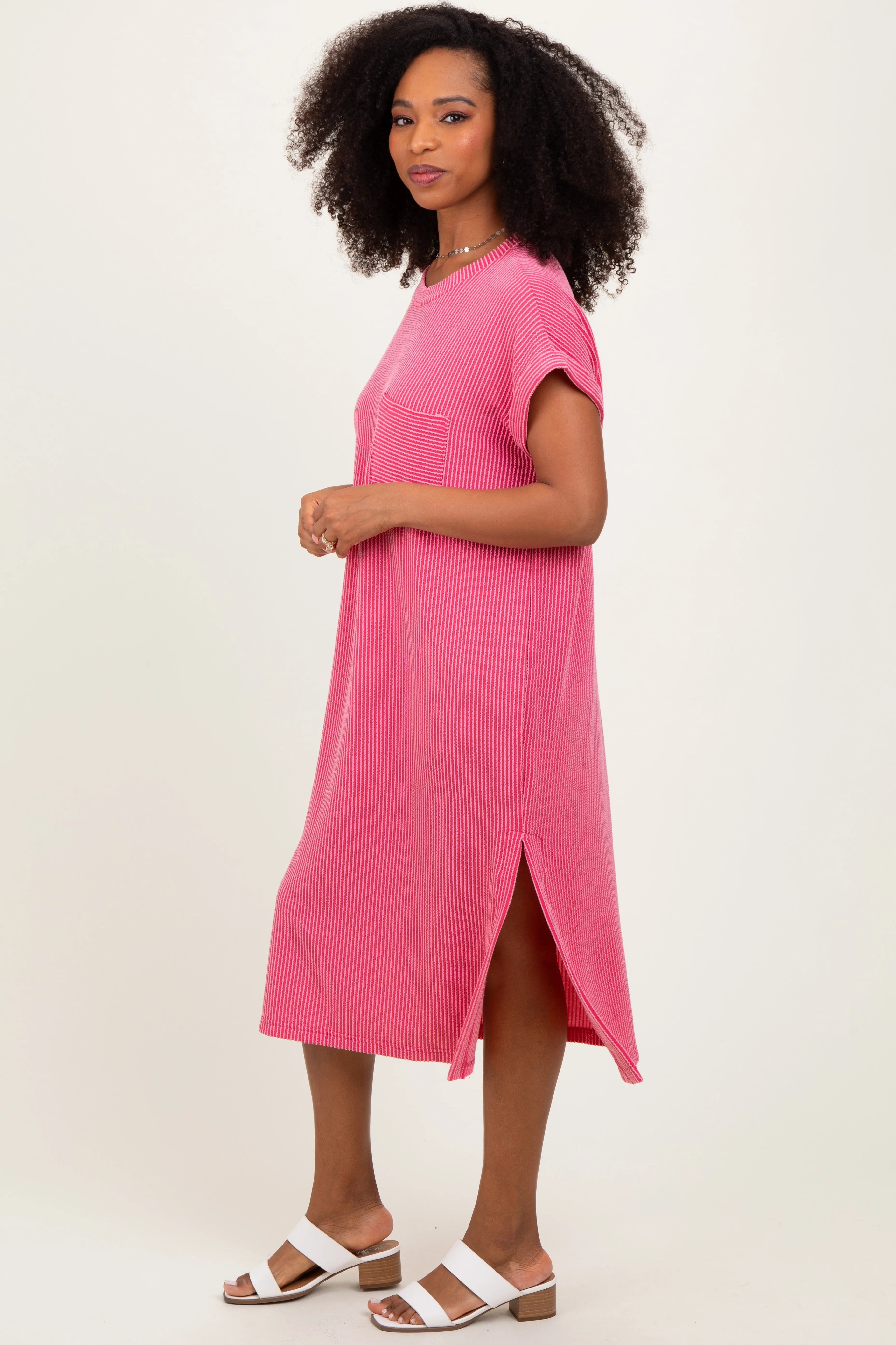 Pink Ribbed Short Sleeve Front Pocket Midi Dress sold by Pinkblush product image thumbnail 3