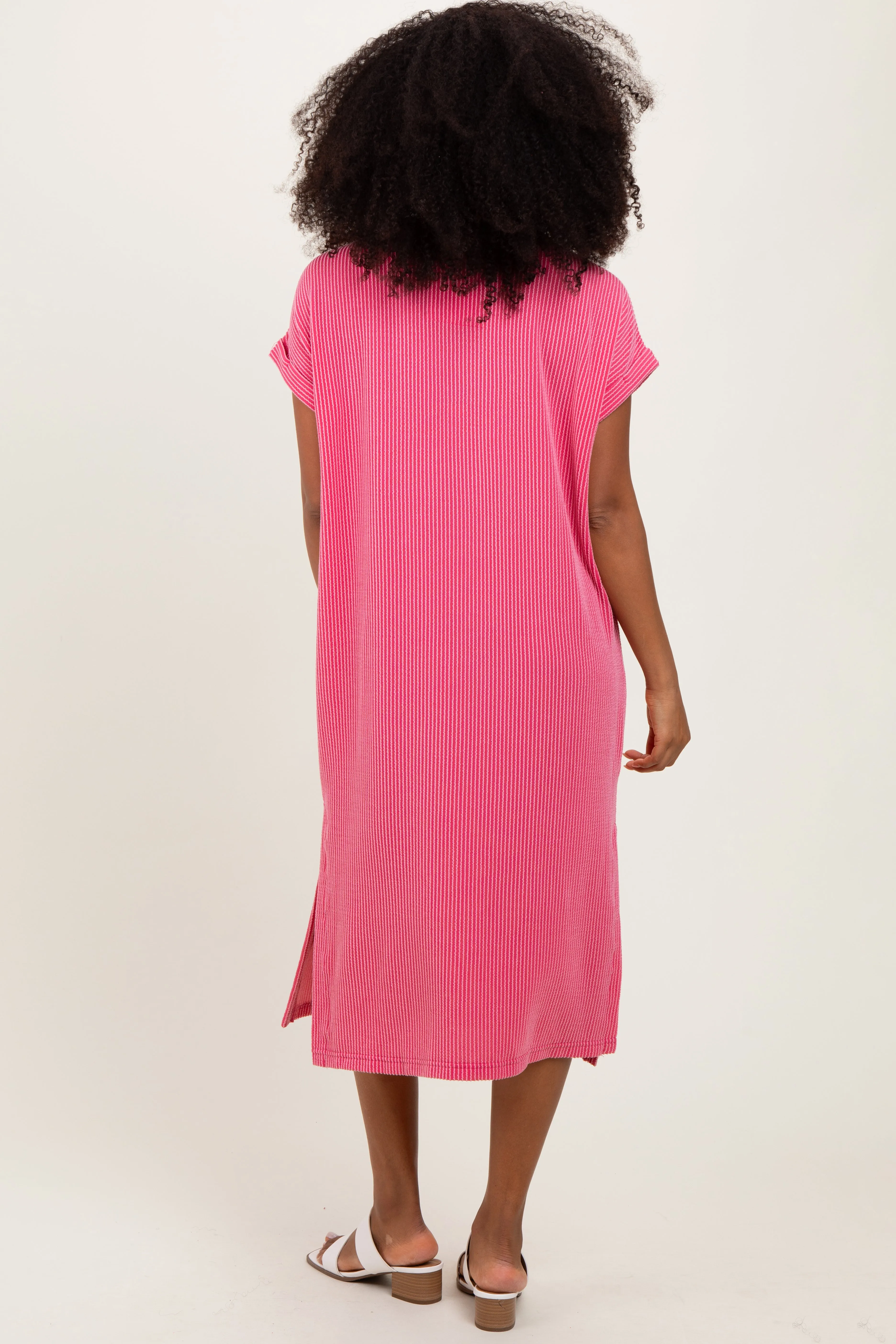 Pink Ribbed Short Sleeve Front Pocket Midi Dress sold by Pinkblush product image thumbnail 4
