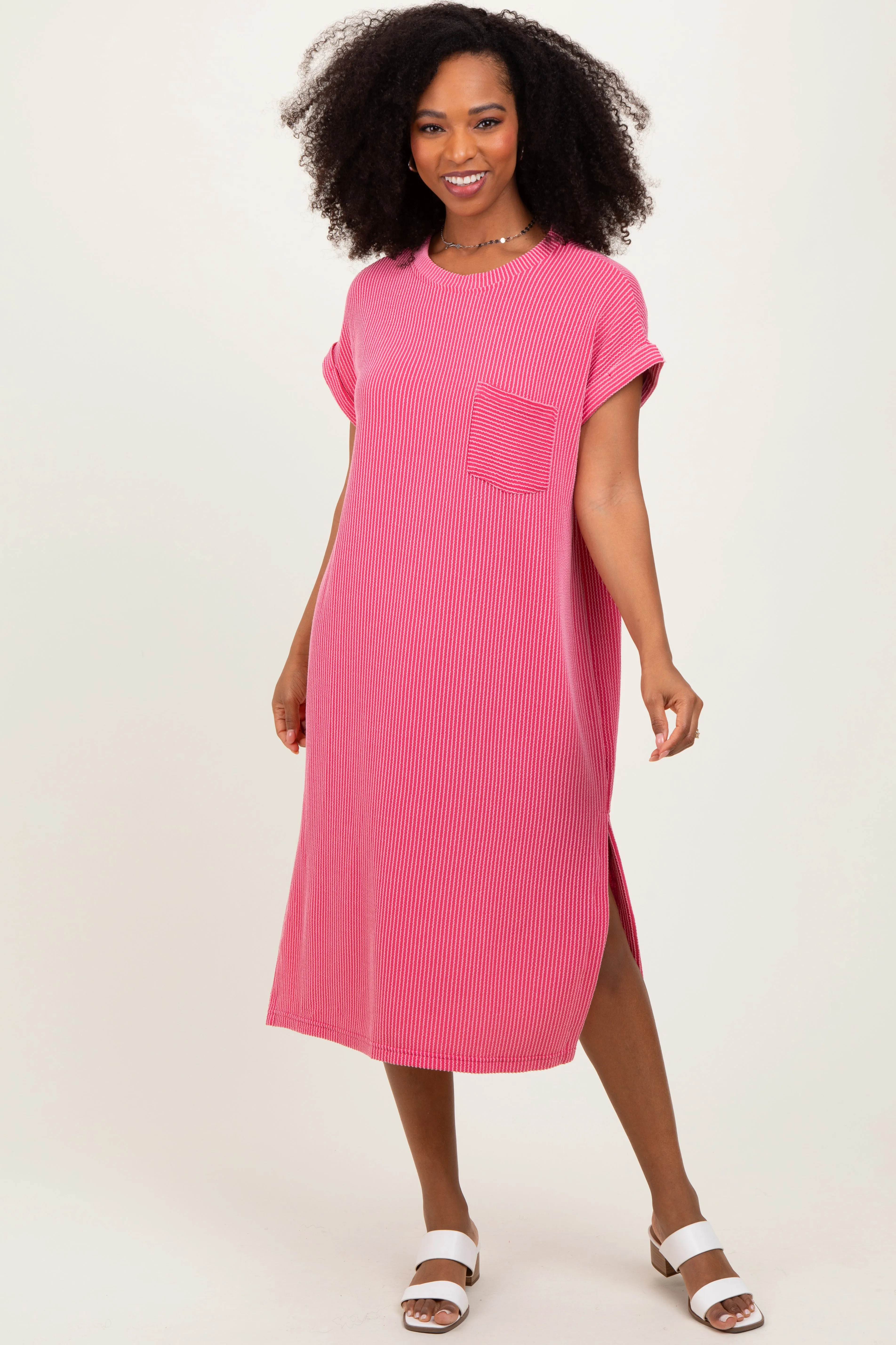 Pink Ribbed Short Sleeve Front Pocket Midi Dress sold by Pinkblush