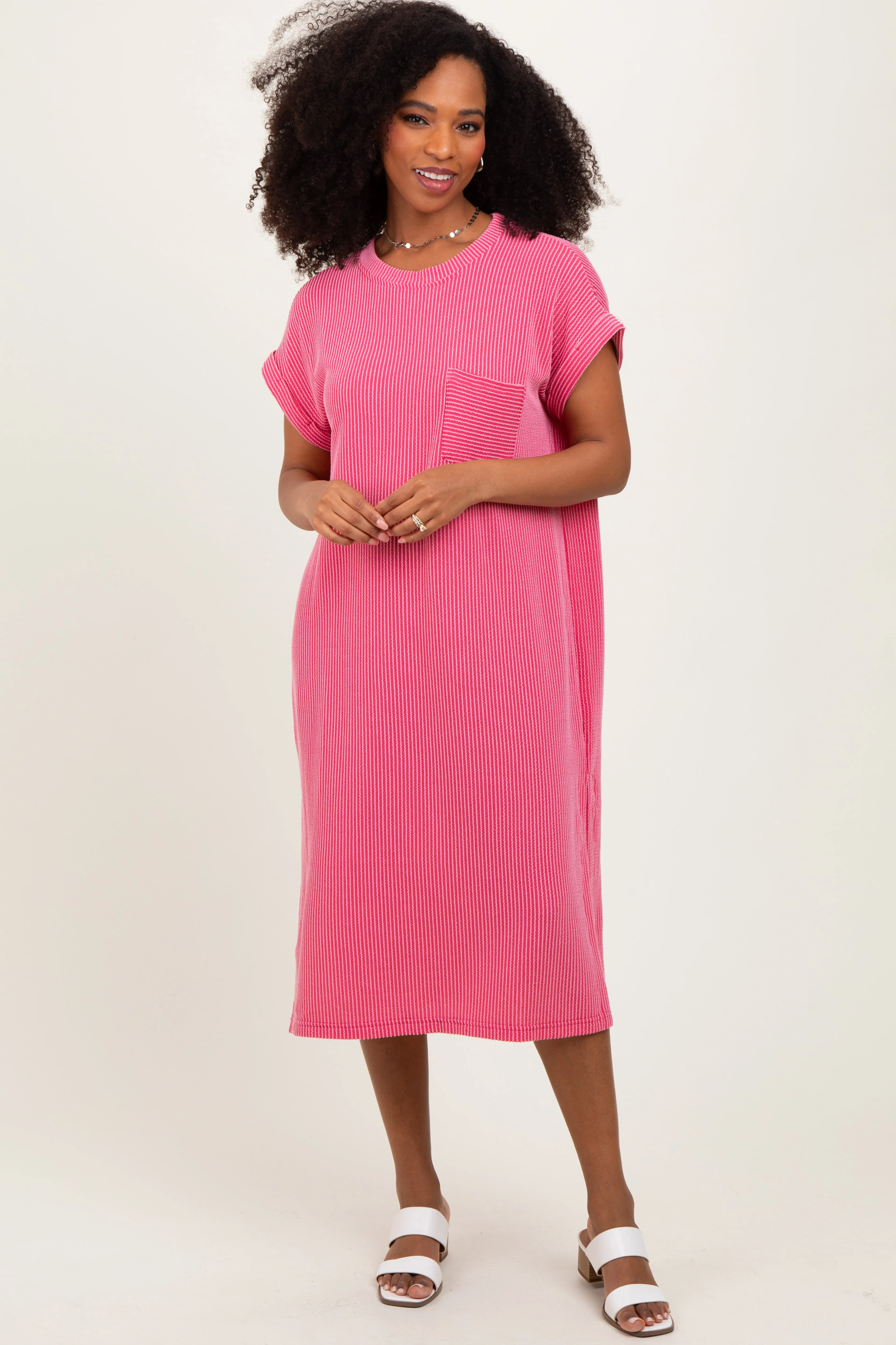 Pink Ribbed Short Sleeve Front Pocket Midi Dress sold by Pinkblush product image thumbnail 2