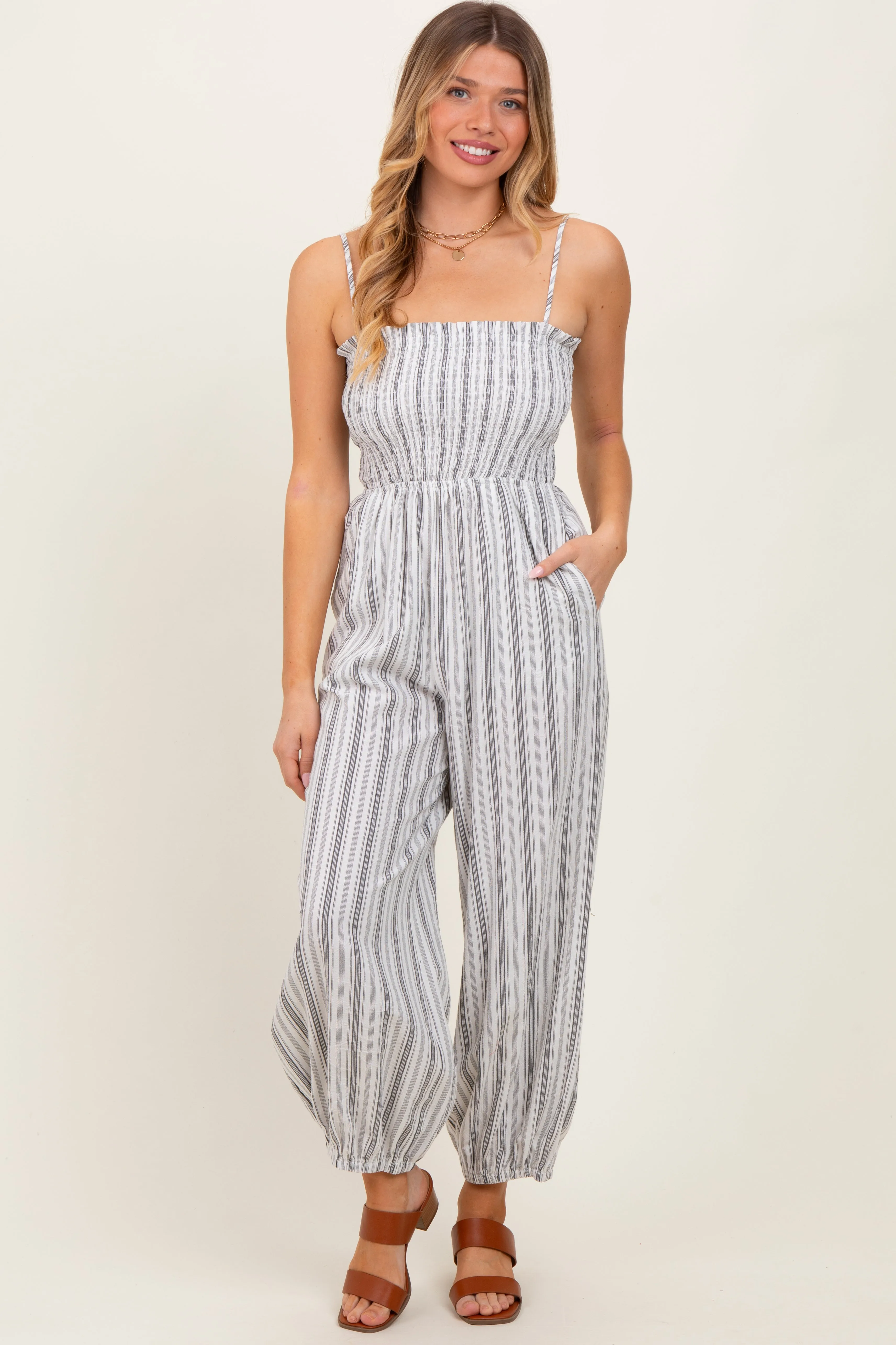 Cream Smocked Striped Balloon Jumpsuit sold by Pinkblush