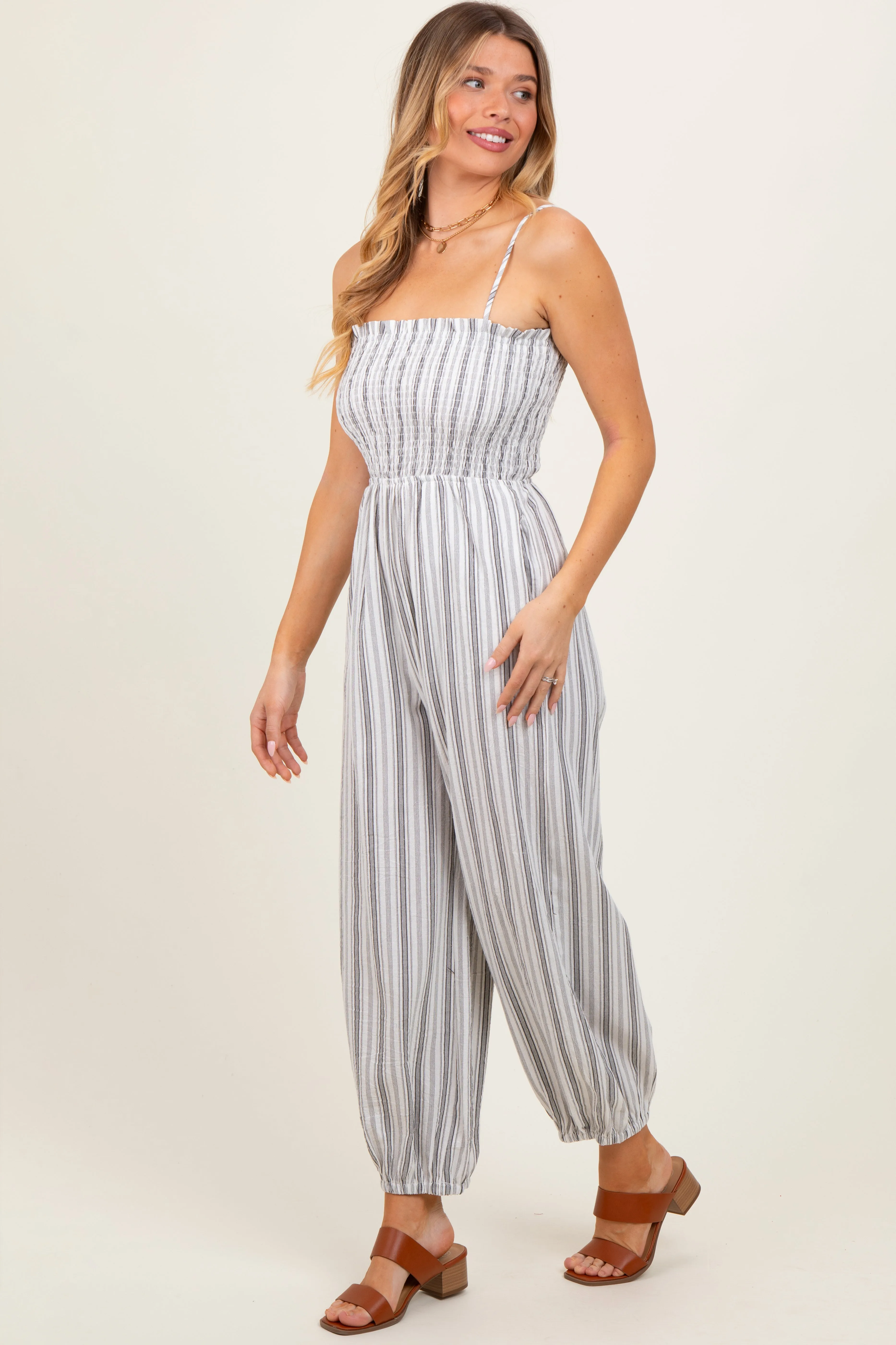 Cream Smocked Striped Balloon Jumpsuit sold by Pinkblush product image thumbnail 3