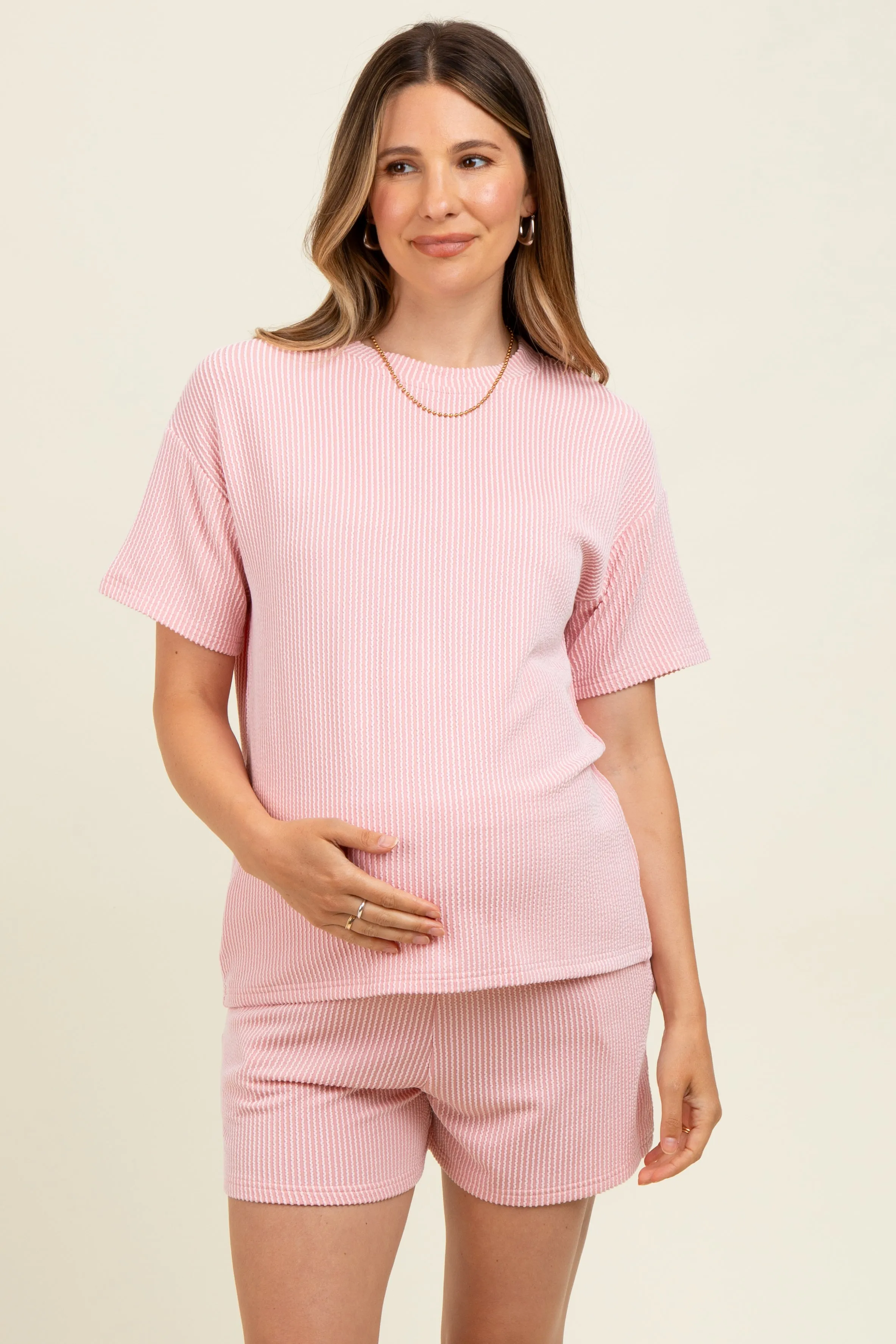 Pink Ribbed Short Sleeve Tee and Short Maternity Set sold by Pinkblush
