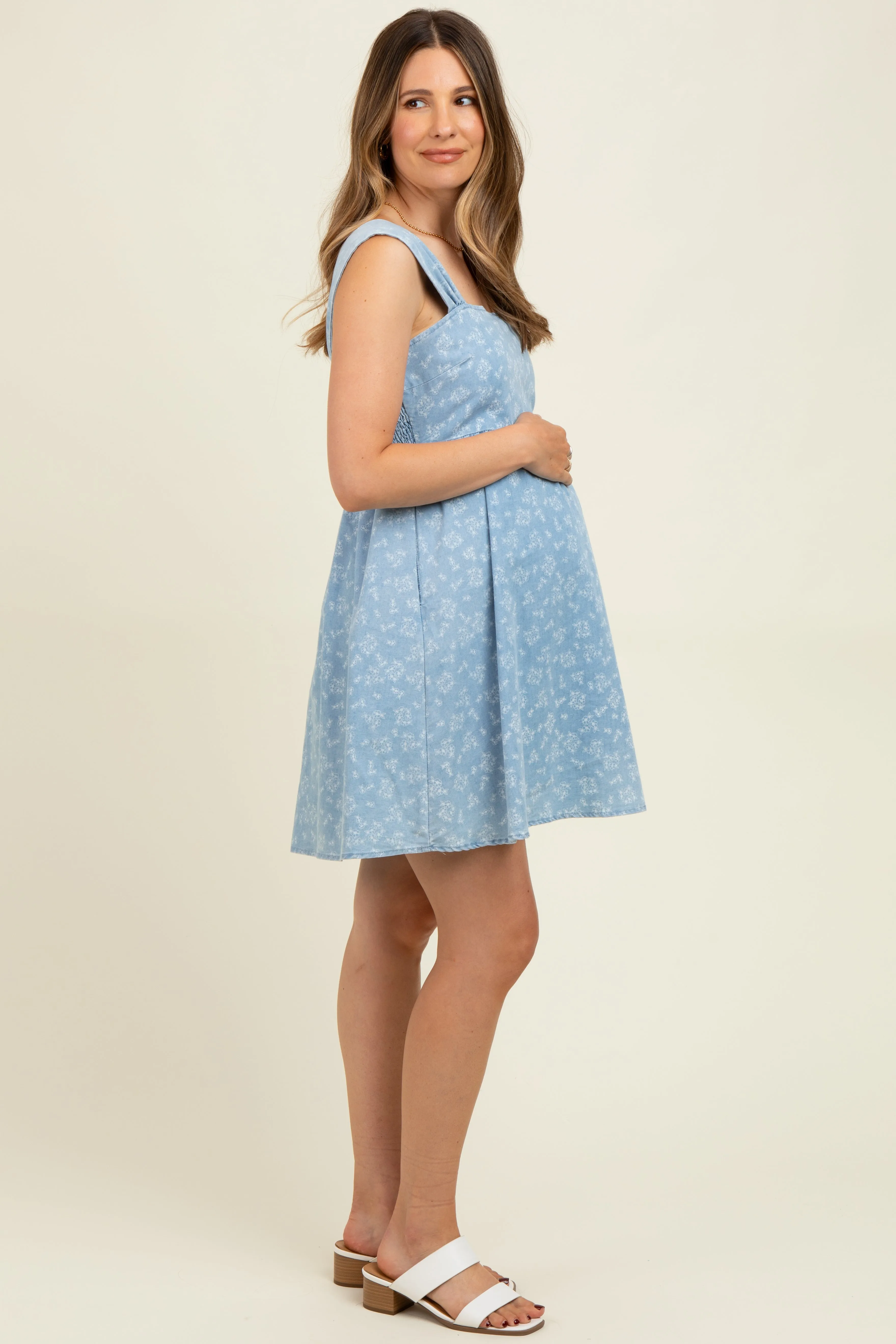 Light Blue Floral Chambray Maternity Mini Dress sold by Pinkblush product image thumbnail 3