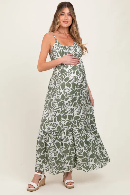 Olive Floral Waist Tie Maternity Maxi Dress sold by Pinkblush