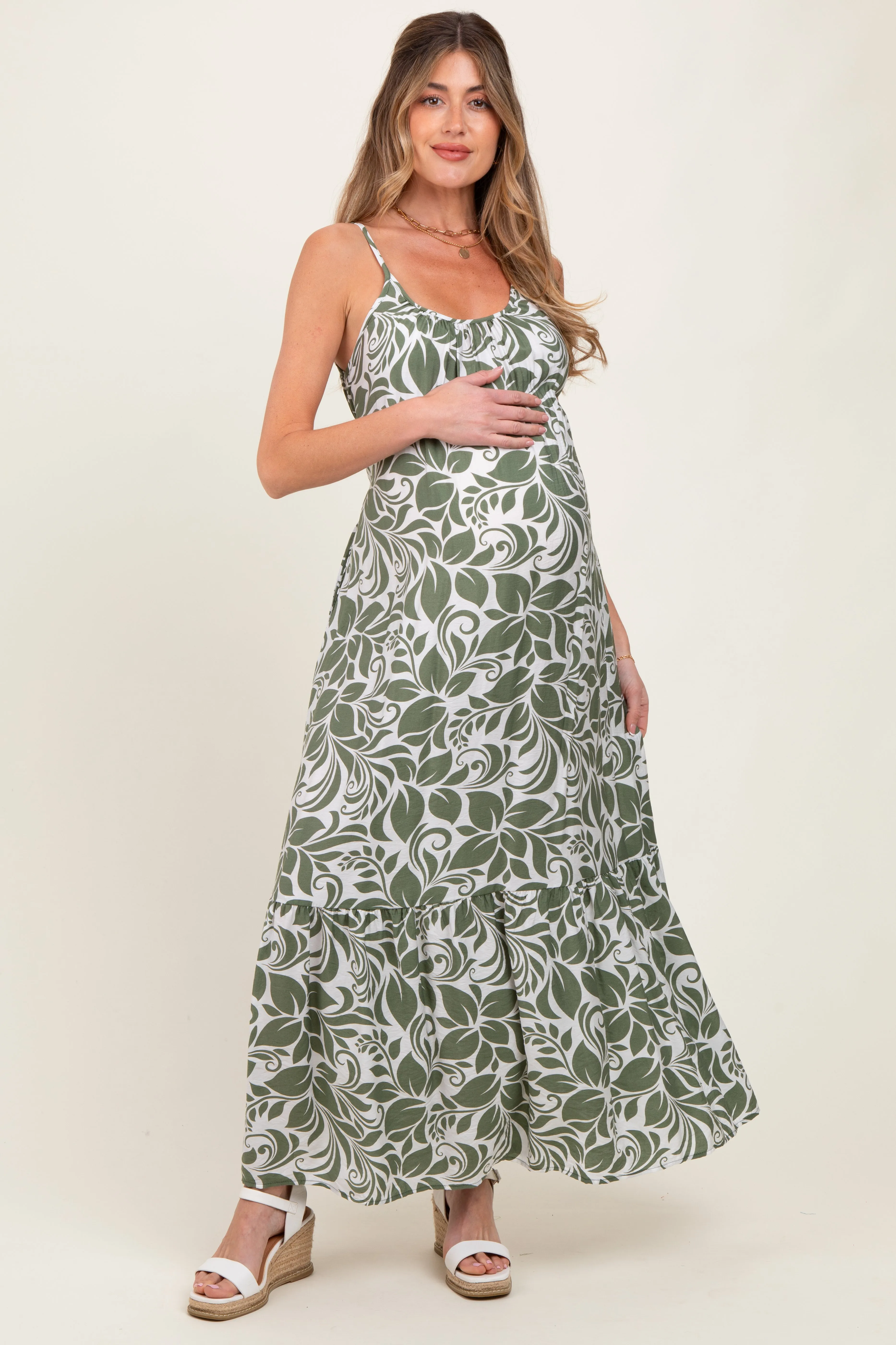 Olive Floral Waist Tie Maternity Maxi Dress sold by Pinkblush