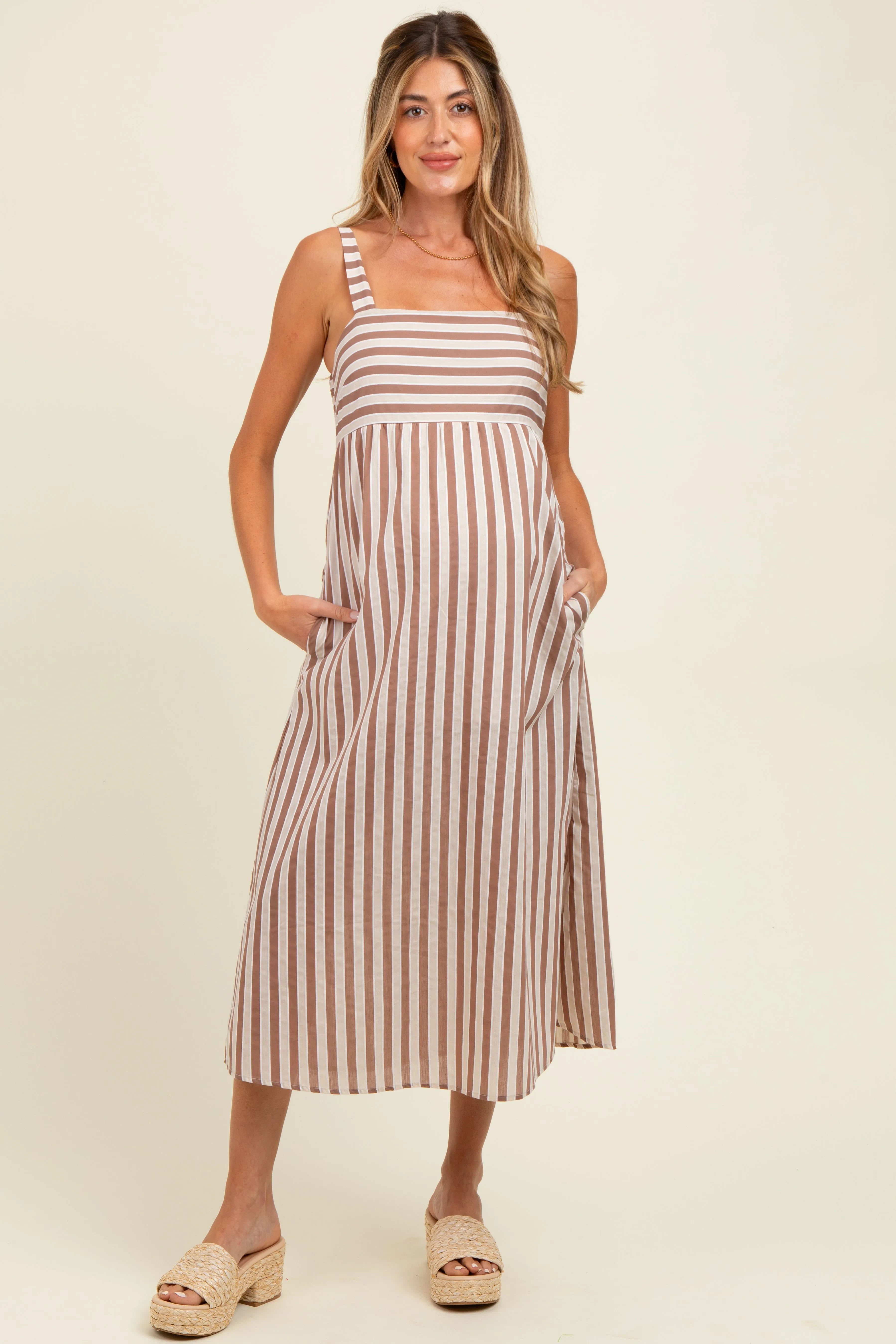 Mocha Striped Sleeveless Maternity Midi Dress sold by Pinkblush