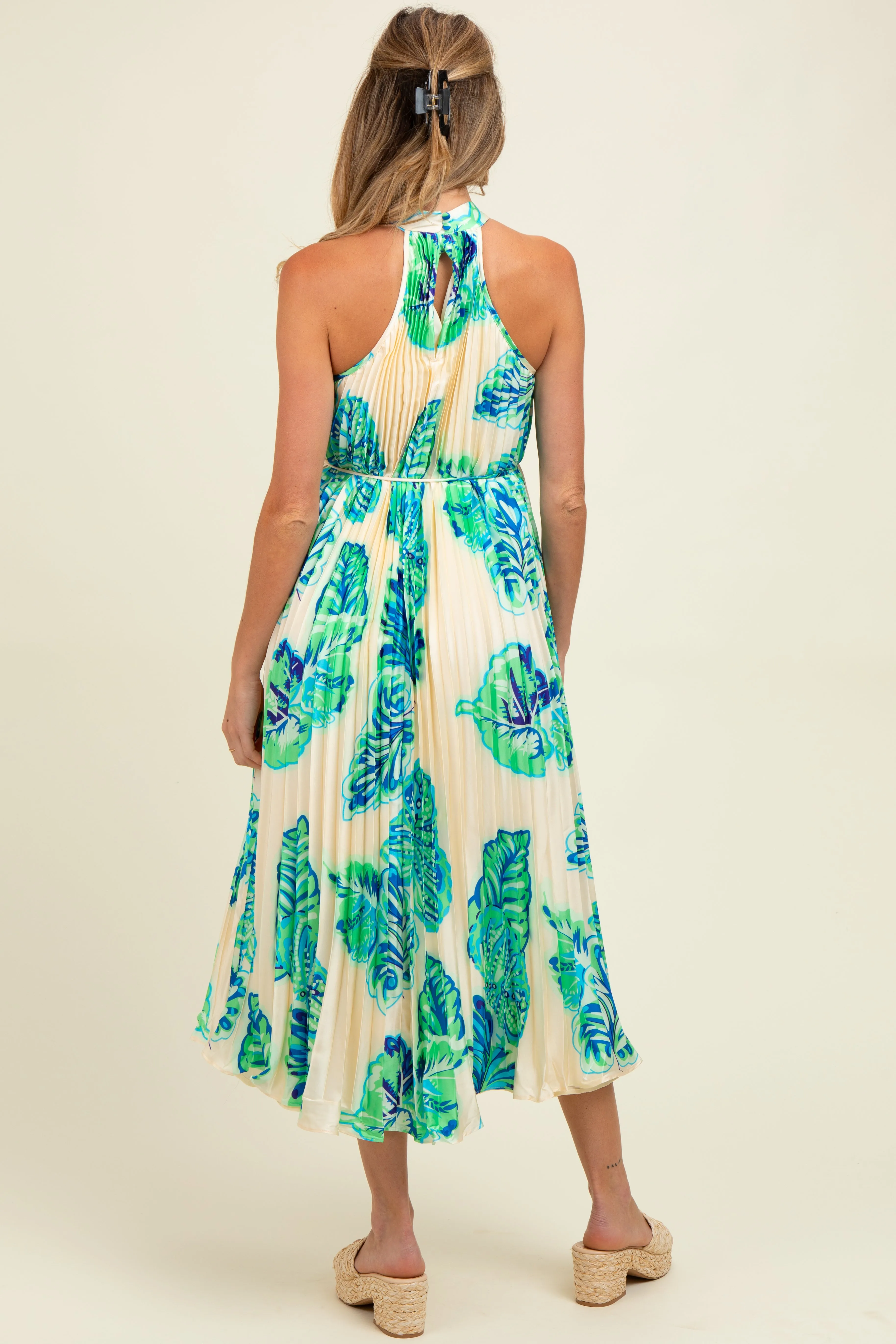 Blue Leaf Print Pleated Halter Maternity Midi Dress sold by Pinkblush product image thumbnail 3