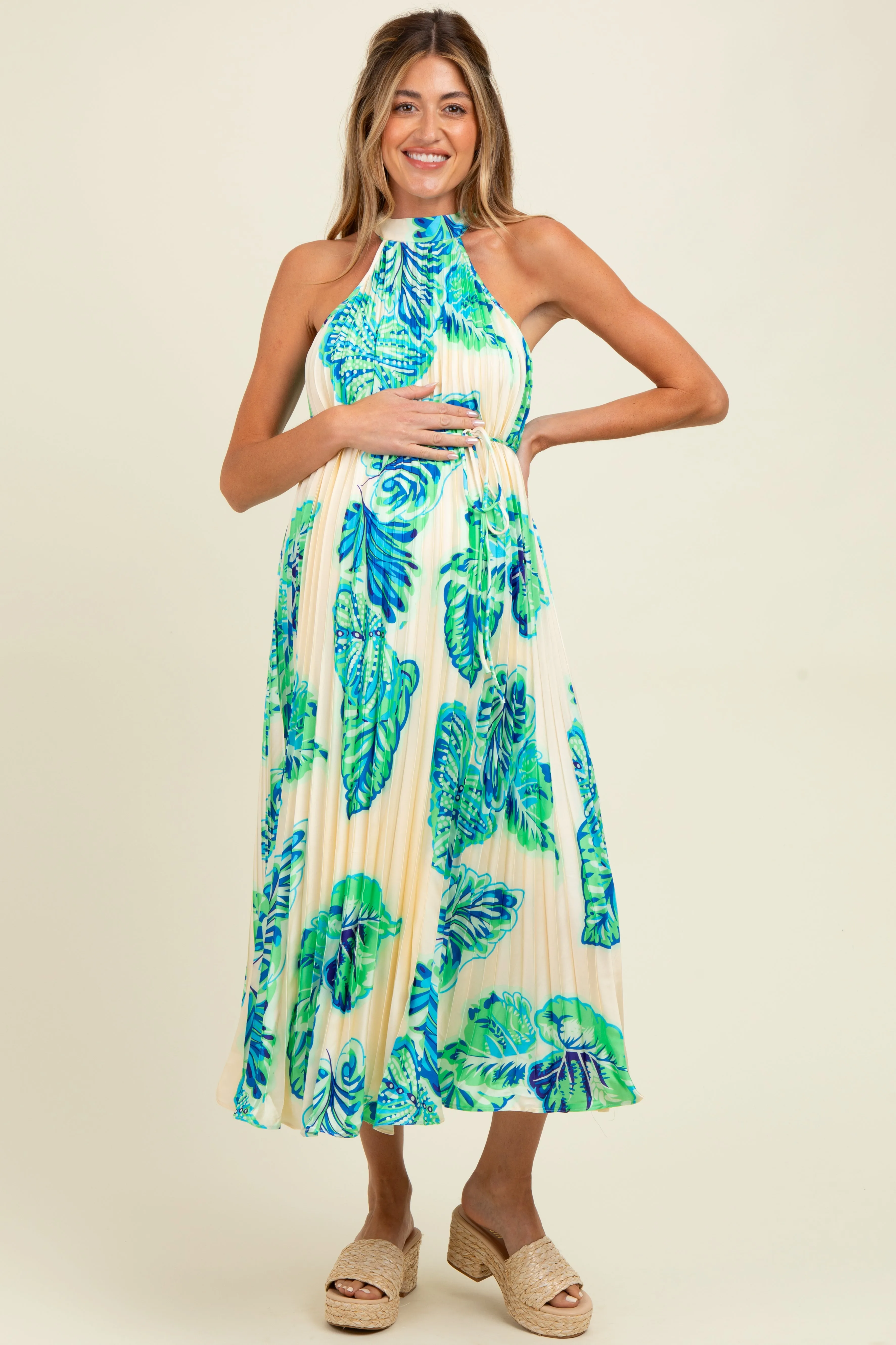 Blue Leaf Print Pleated Halter Maternity Midi Dress sold by Pinkblush