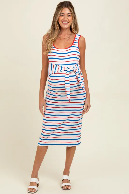 Blue Multi Striped Sleeveless Maternity Midi Dress sold by Pinkblush