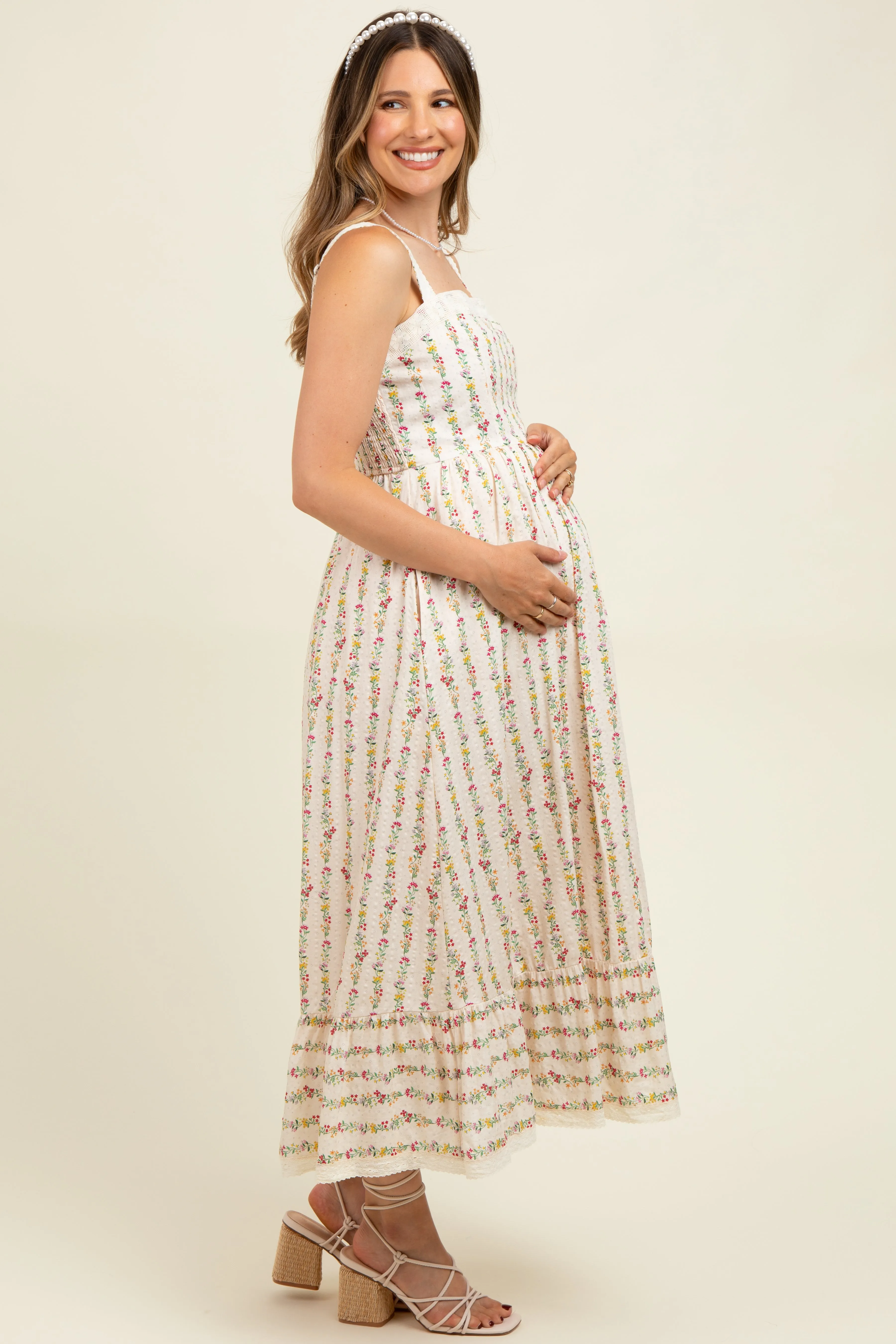 Cream Floral Textured Cotton Lace Trim Maternity Maxi Dress sold by Pinkblush product image thumbnail 3