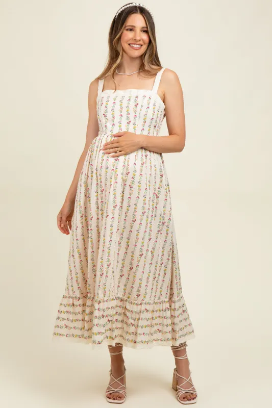 Cream Floral Textured Cotton Lace Trim Maternity Maxi Dress sold by Pinkblush