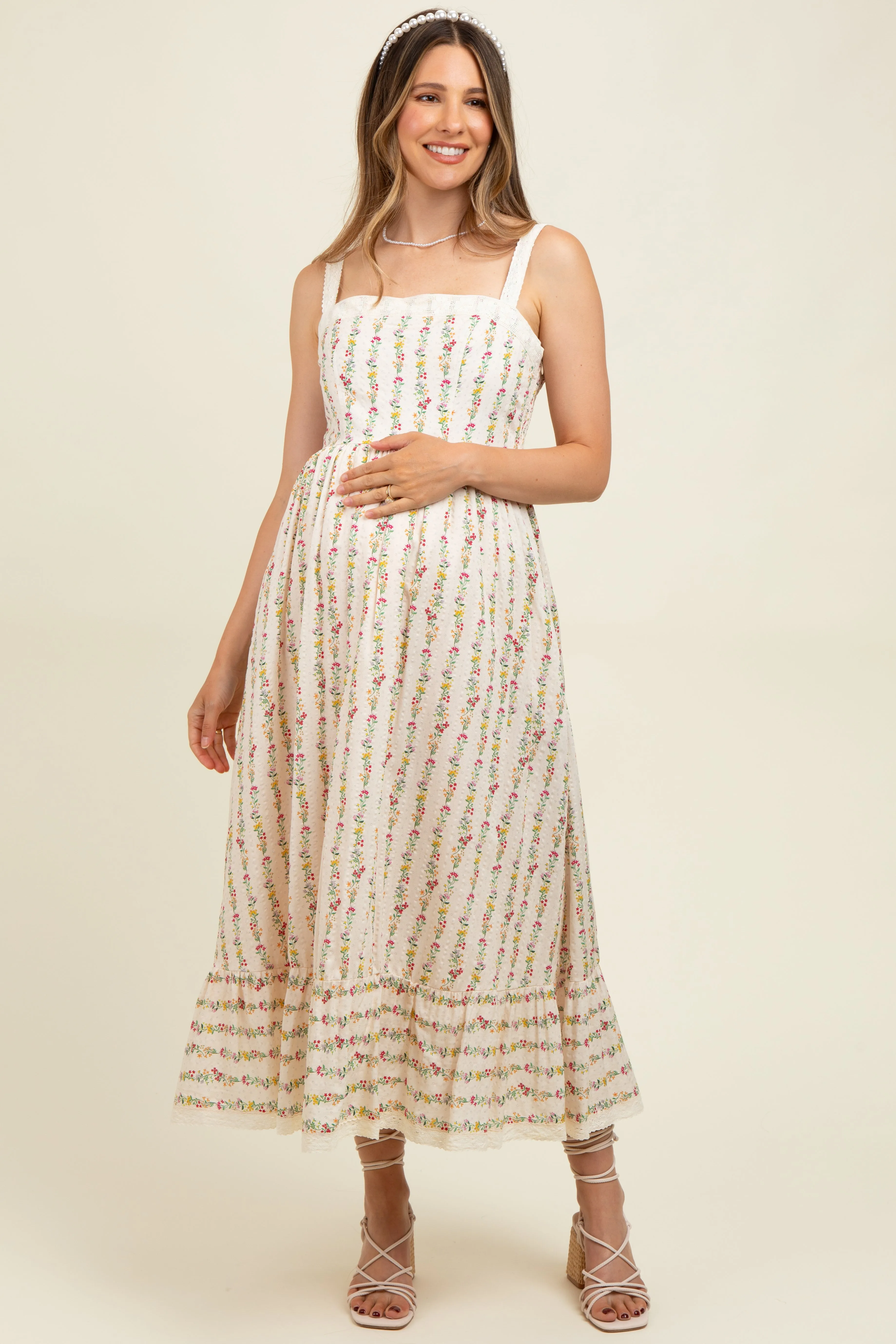 Cream Floral Textured Cotton Lace Trim Maternity Maxi Dress sold by Pinkblush