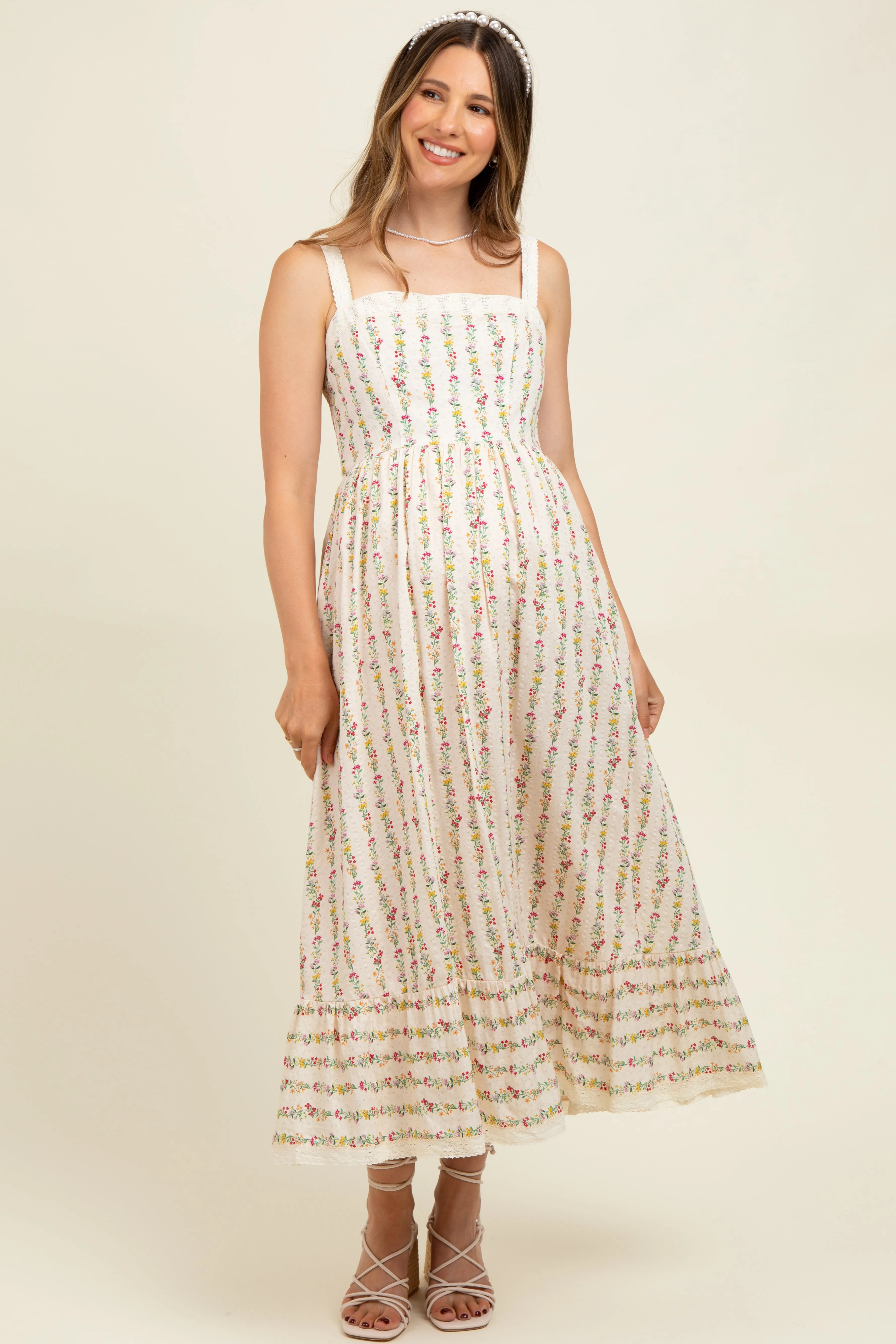 Cream Floral Textured Cotton Lace Trim Maternity Maxi Dress sold by Pinkblush product image thumbnail 2