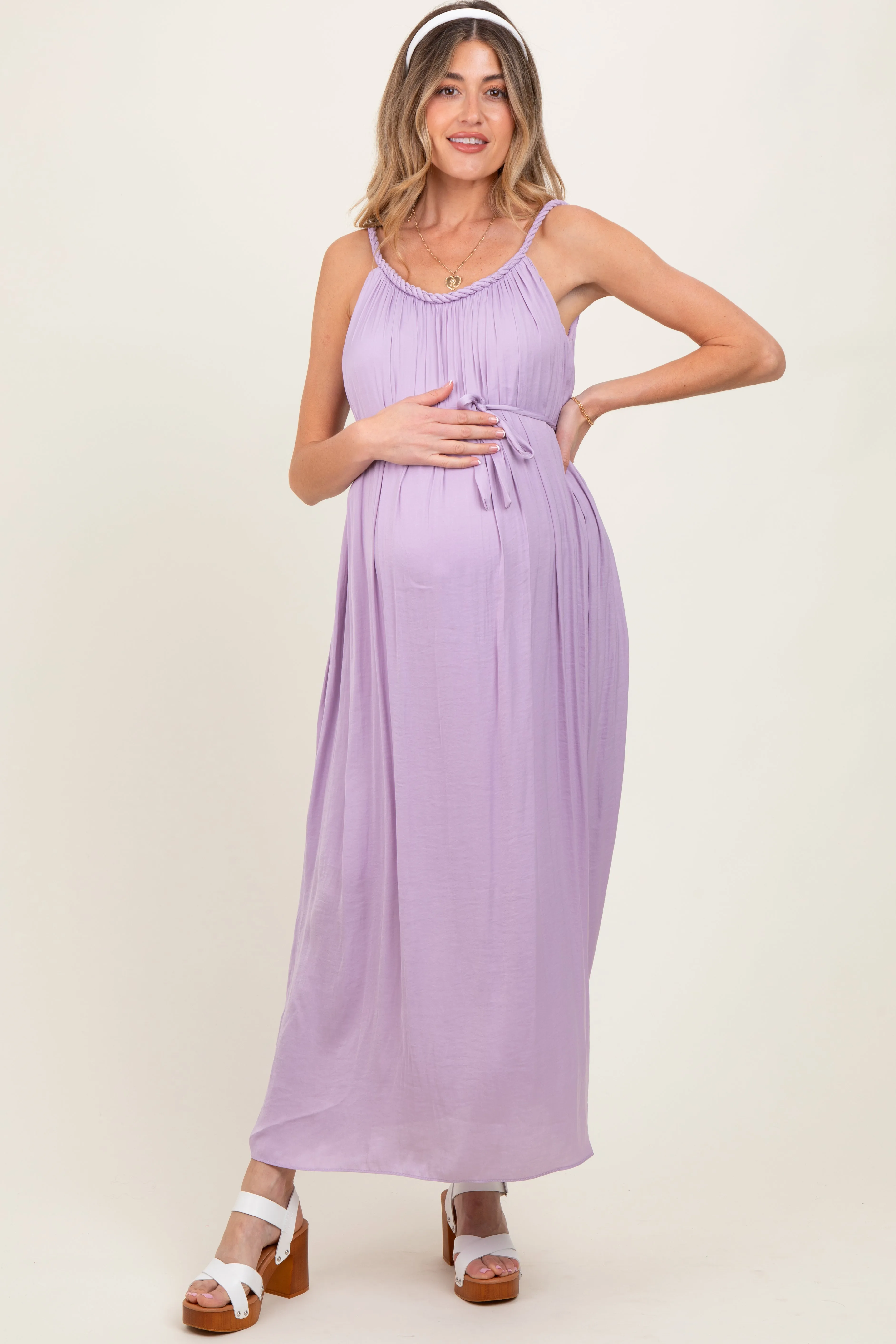 Lavender Braided Neckline Maternity Maxi Dress sold by Pinkblush