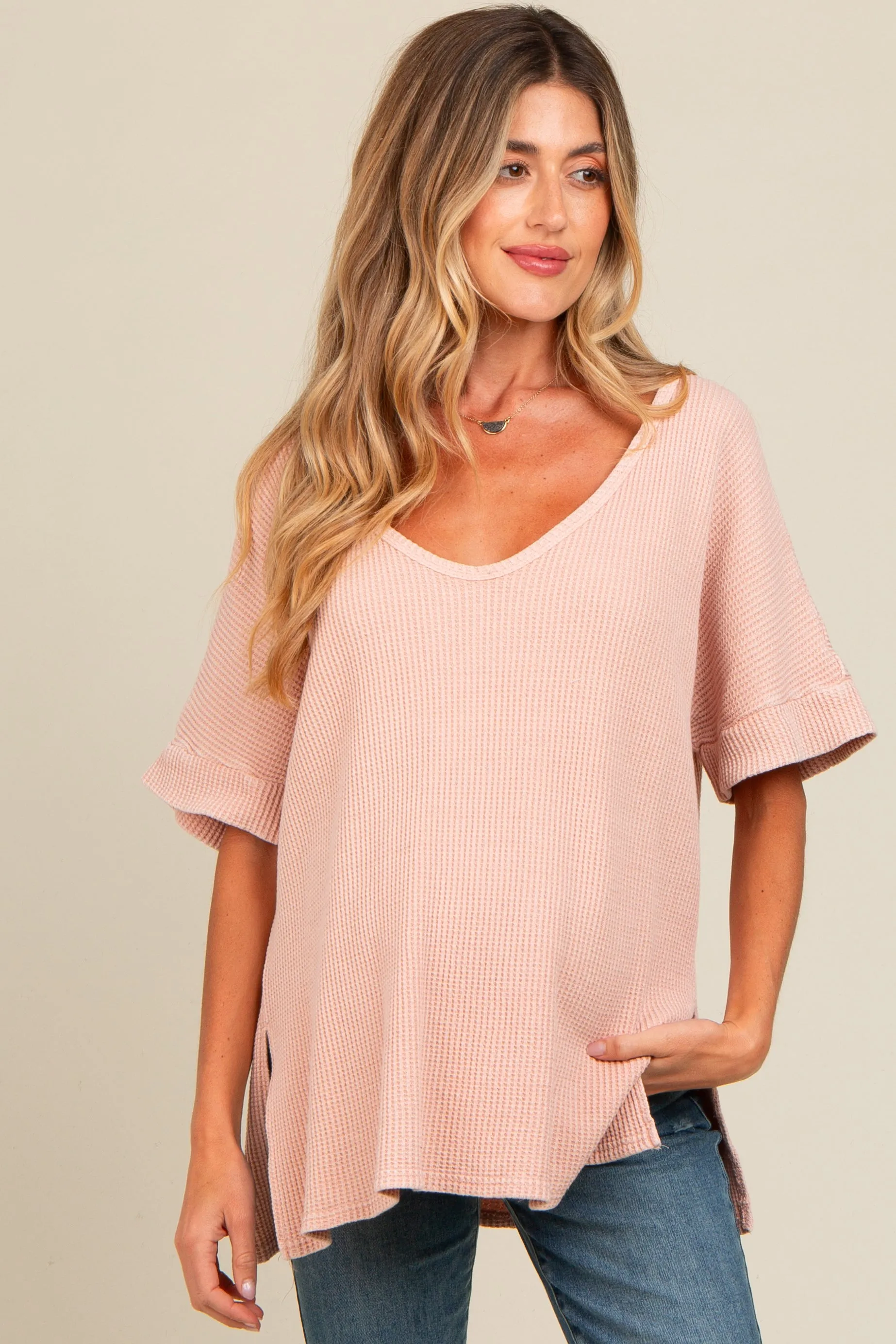 Mauve Waffle Knit V-Neck Maternity Top sold by Pinkblush