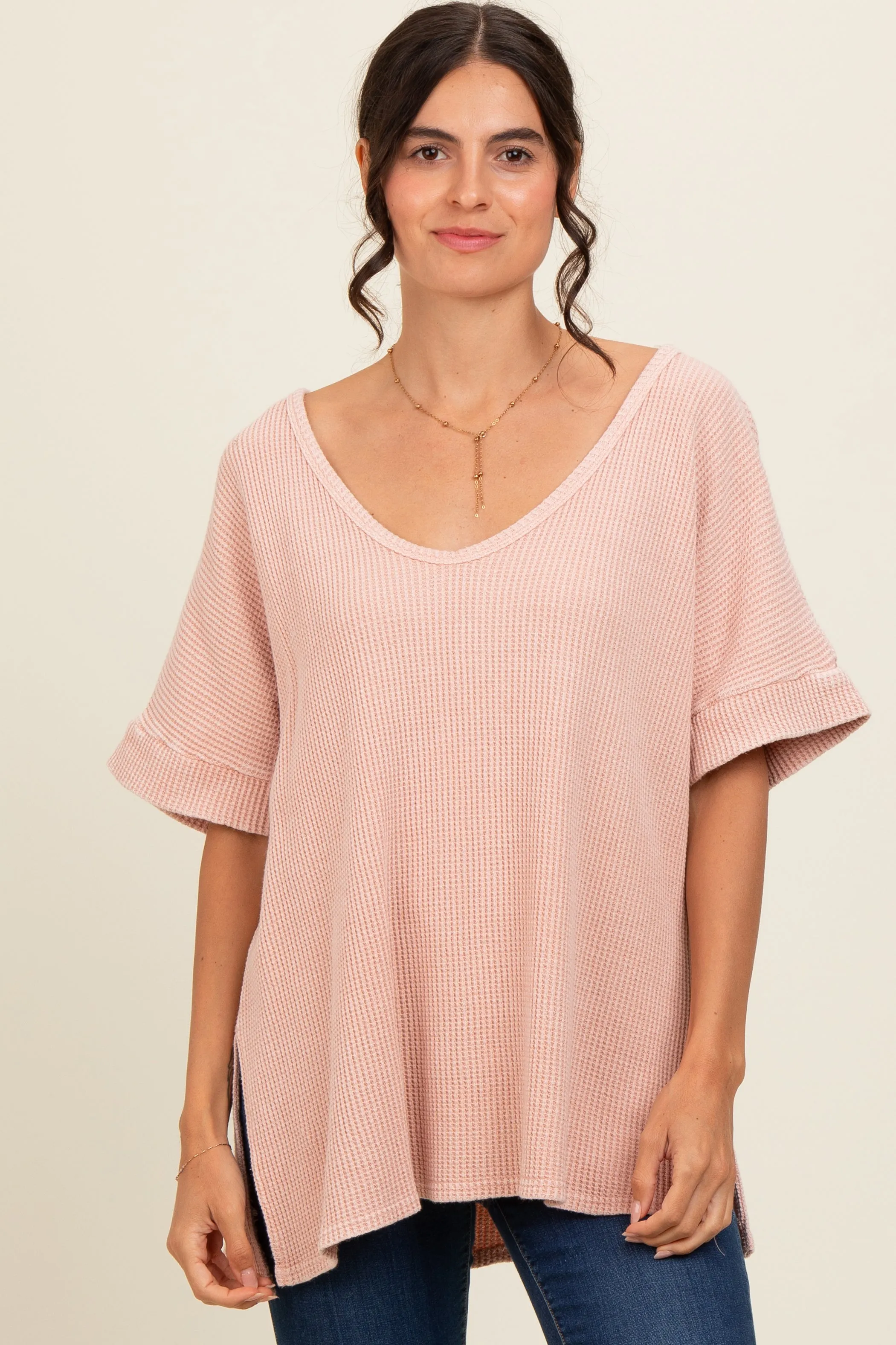 Mauve Waffle Knit V-Neck Top sold by Pinkblush