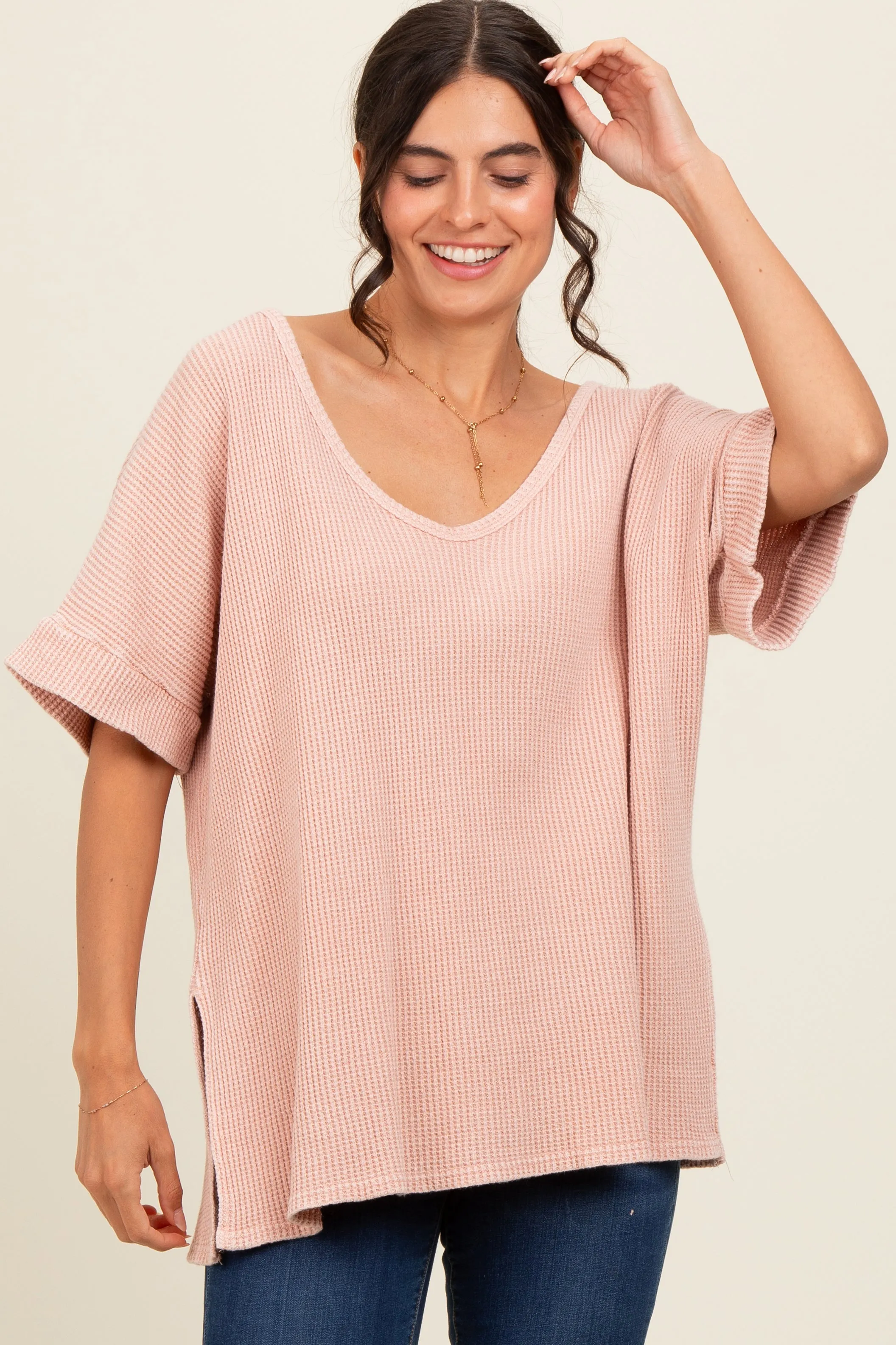 Mauve Waffle Knit V-Neck Top sold by Pinkblush product image thumbnail 2