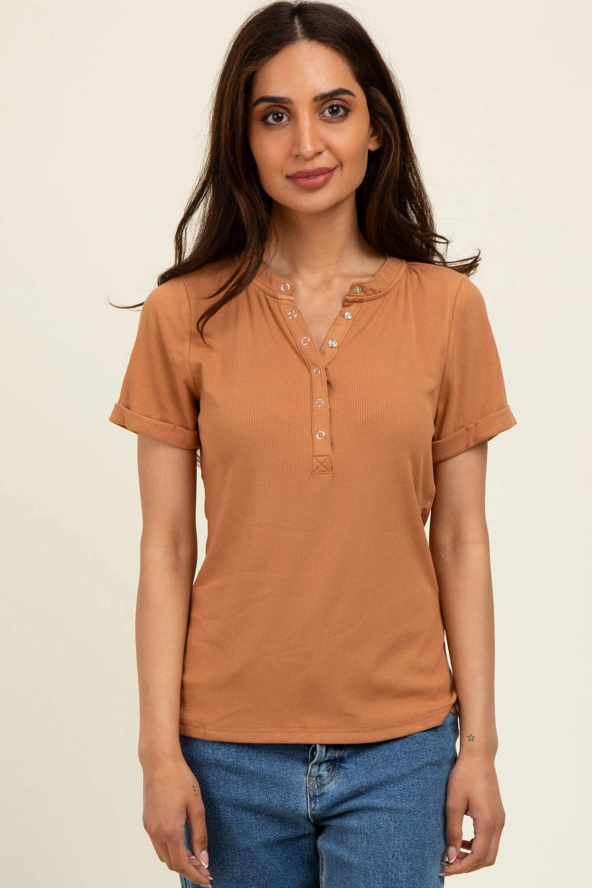 Camel Snap Button Maternity Short Sleeve Top sold by Pinkblush product image thumbnail 4