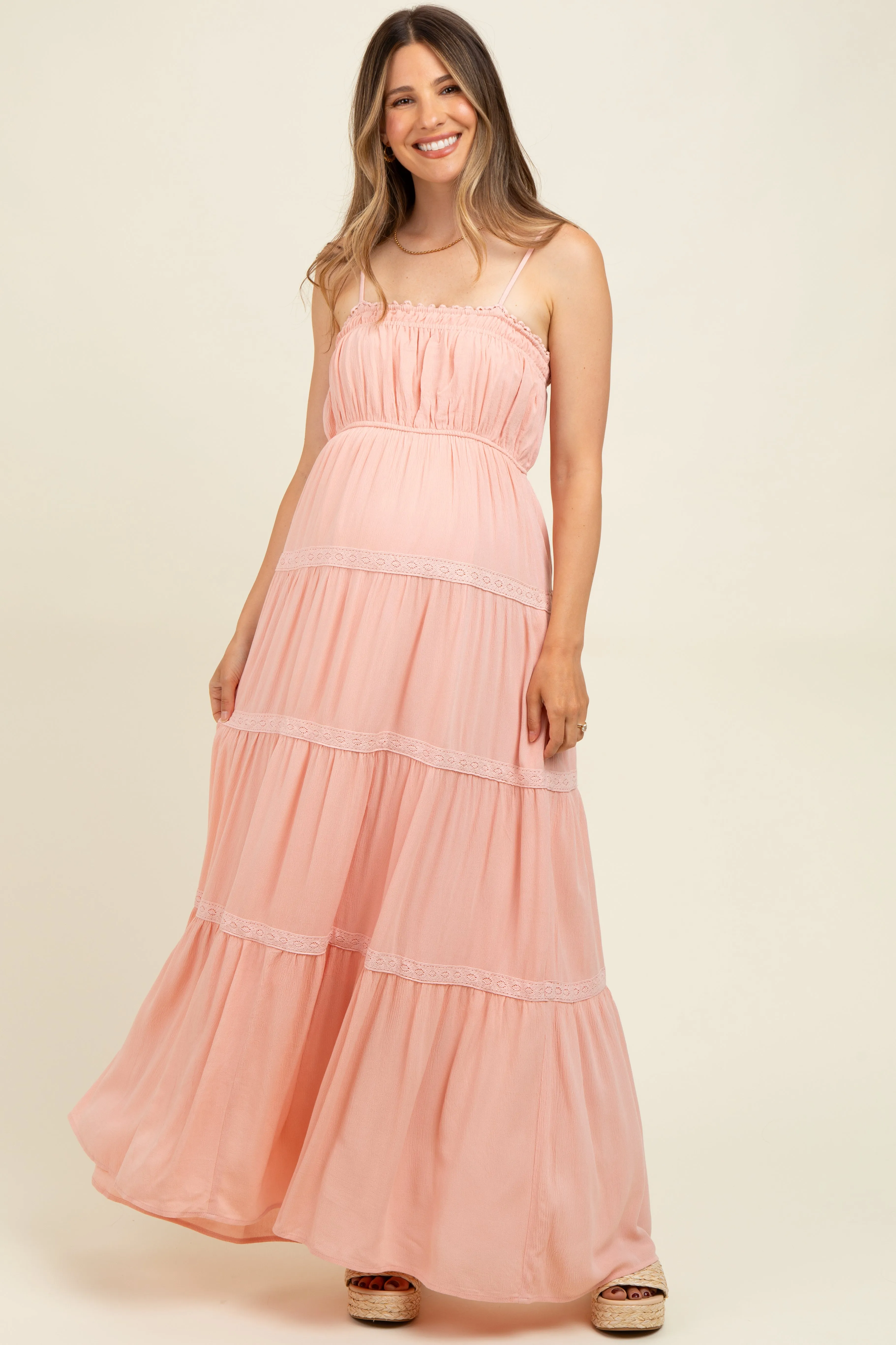 Light Pink Lace Tiered Sleeveless Maternity Maxi Dress sold by Pinkblush