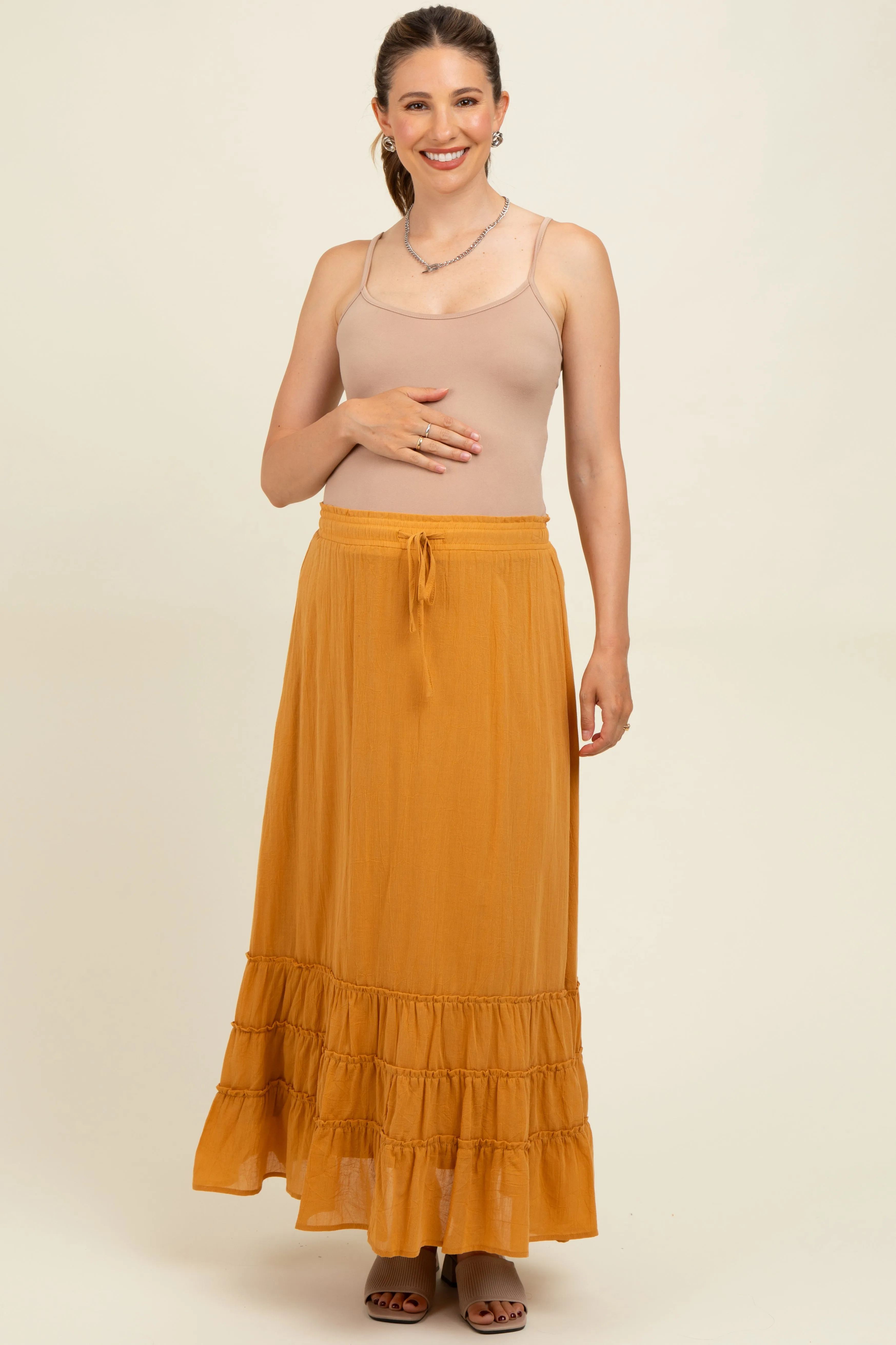 Yellow Drawstring Layered Ruffle Hem Maternity Maxi Skirt sold by Pinkblush