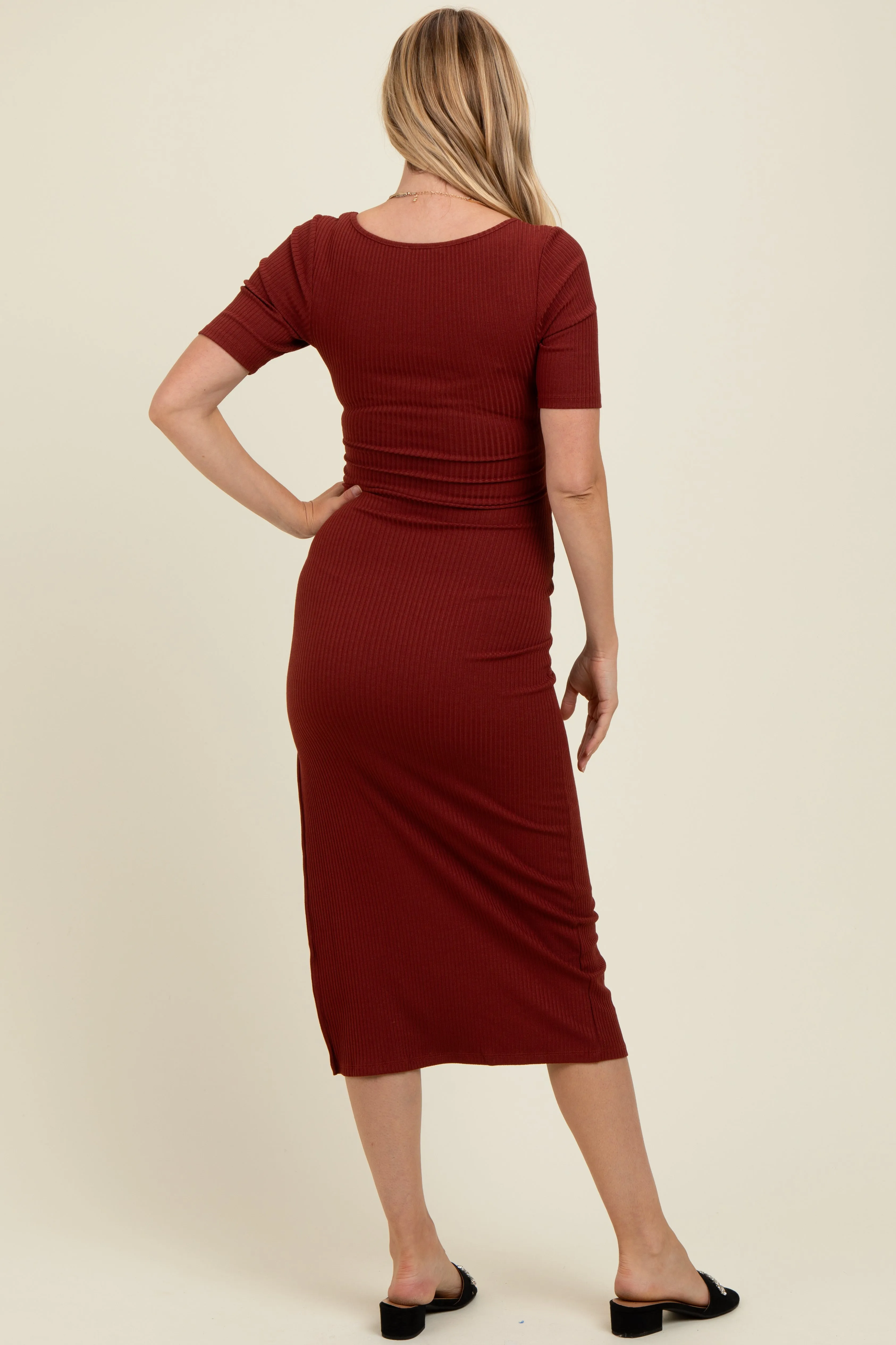 Rust Short Sleeve Midi Slip Maternity Dress sold by Pinkblush product image thumbnail 4