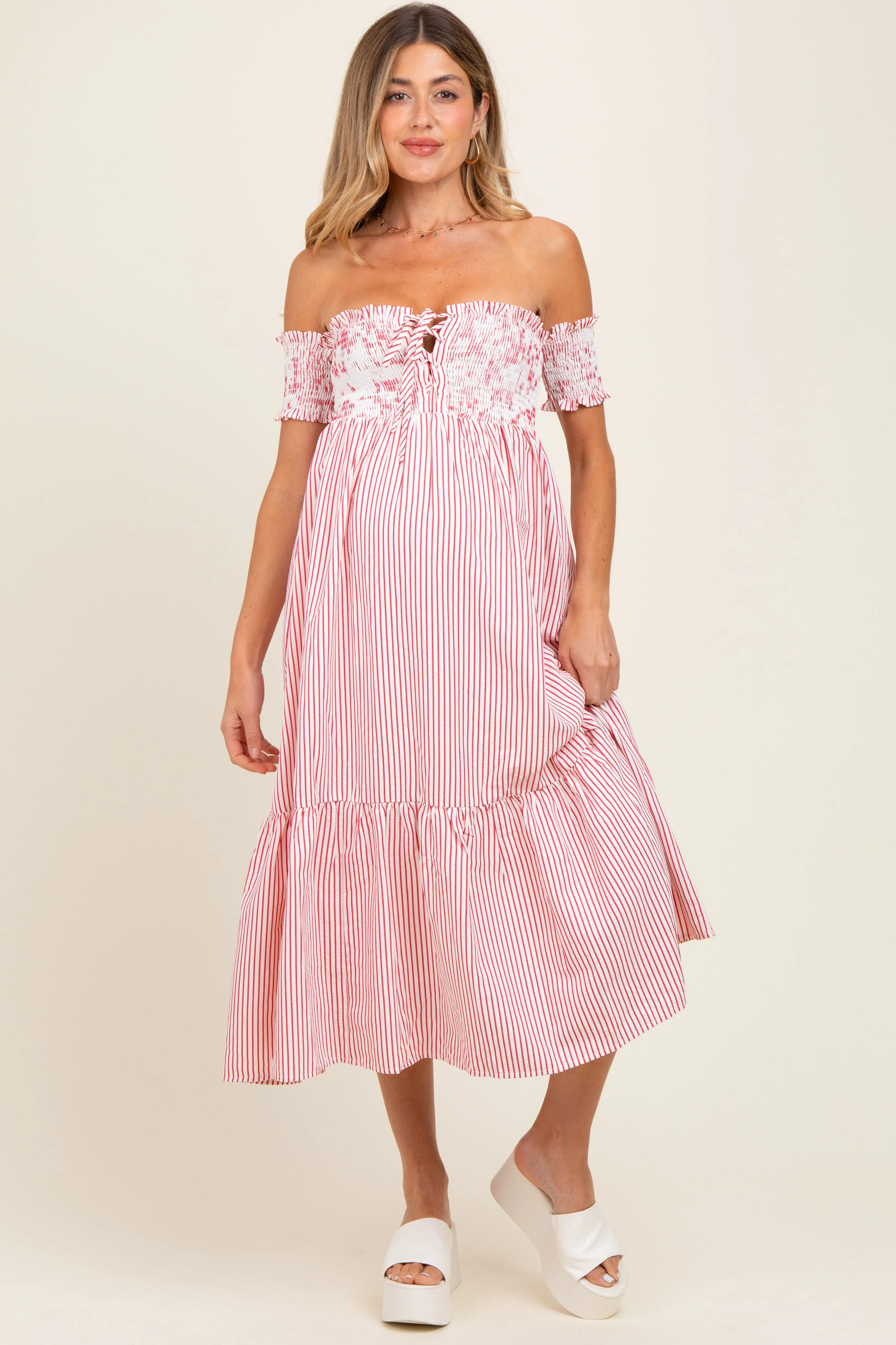 Red Striped Floral Colorblock Off Shoulder Maternity Midi Dress sold by Pinkblush