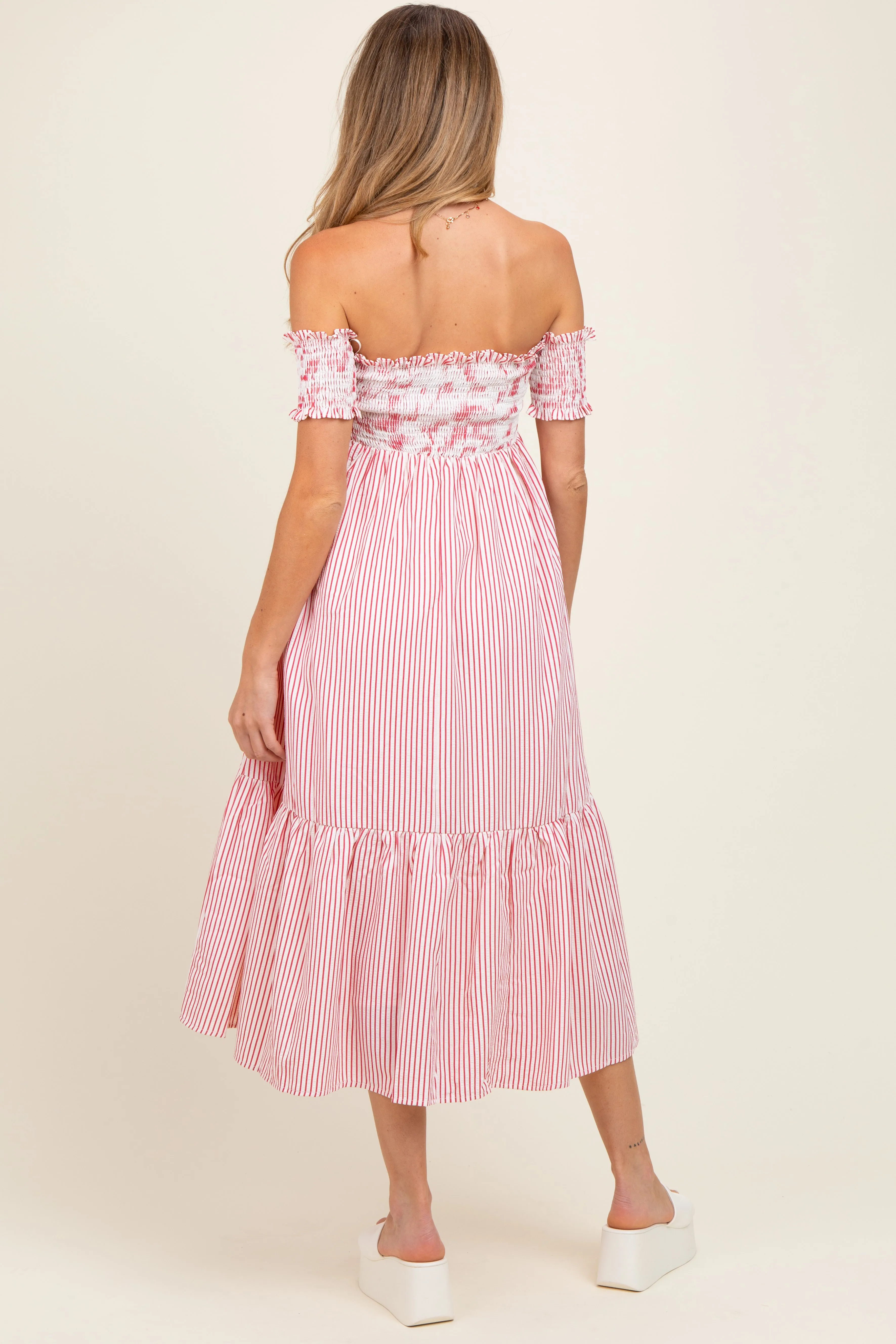 Red Striped Floral Colorblock Off Shoulder Maternity Midi Dress sold by Pinkblush product image thumbnail 4