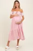 Red Striped Floral Colorblock Off Shoulder Maternity Midi Dress sold by Pinkblush