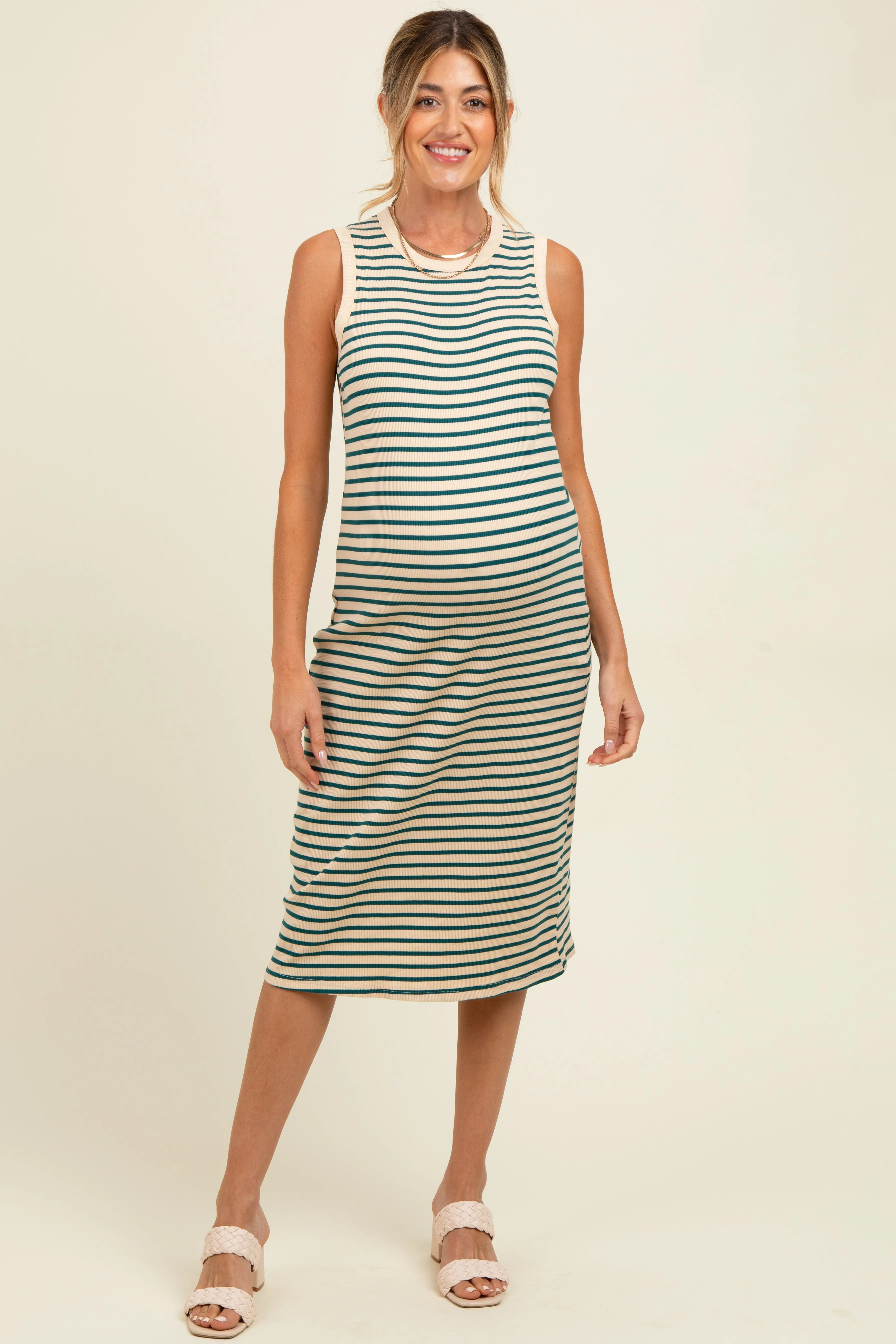 Deep Teal Striped Ribbed Knit Sleeveless Maternity Midi Dress sold by Pinkblush