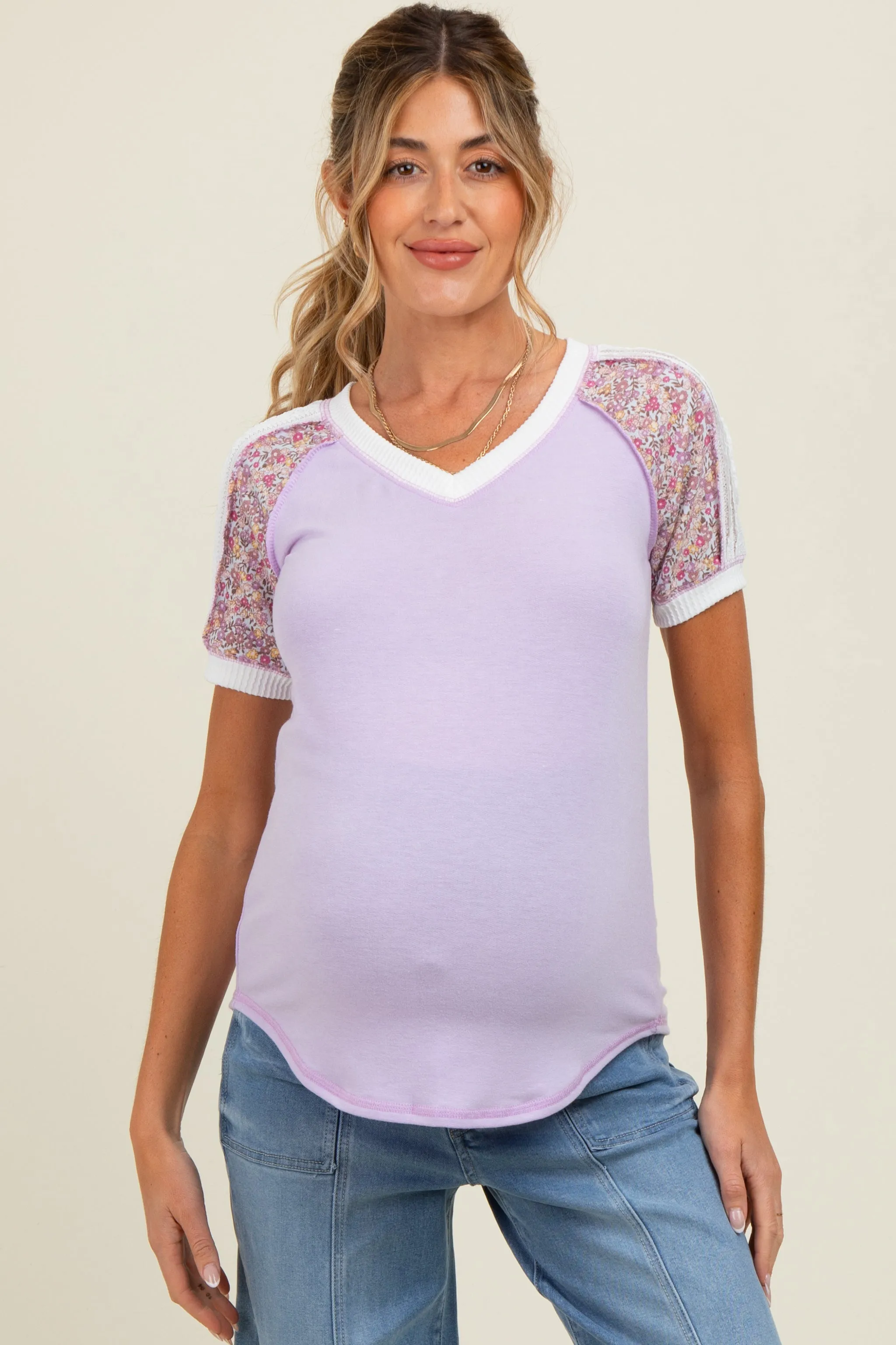 Lilac Floral Contrast Short Sleeve Maternity Top sold by Pinkblush