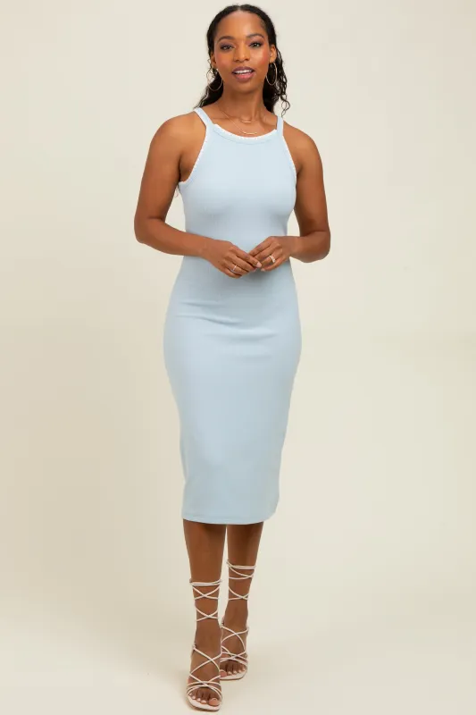 Light Blue Ribbed Knit Embroidered Midi Dress sold by Pinkblush