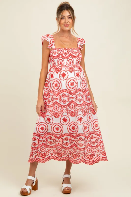 Red Embroidered Smocked Cutout Maternity Midi Dress sold by Pinkblush