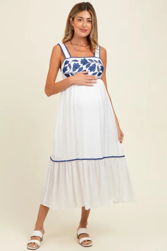 White Floral Embroidered Cutout Tie Back Maternity Midi Dress sold by Pinkblush