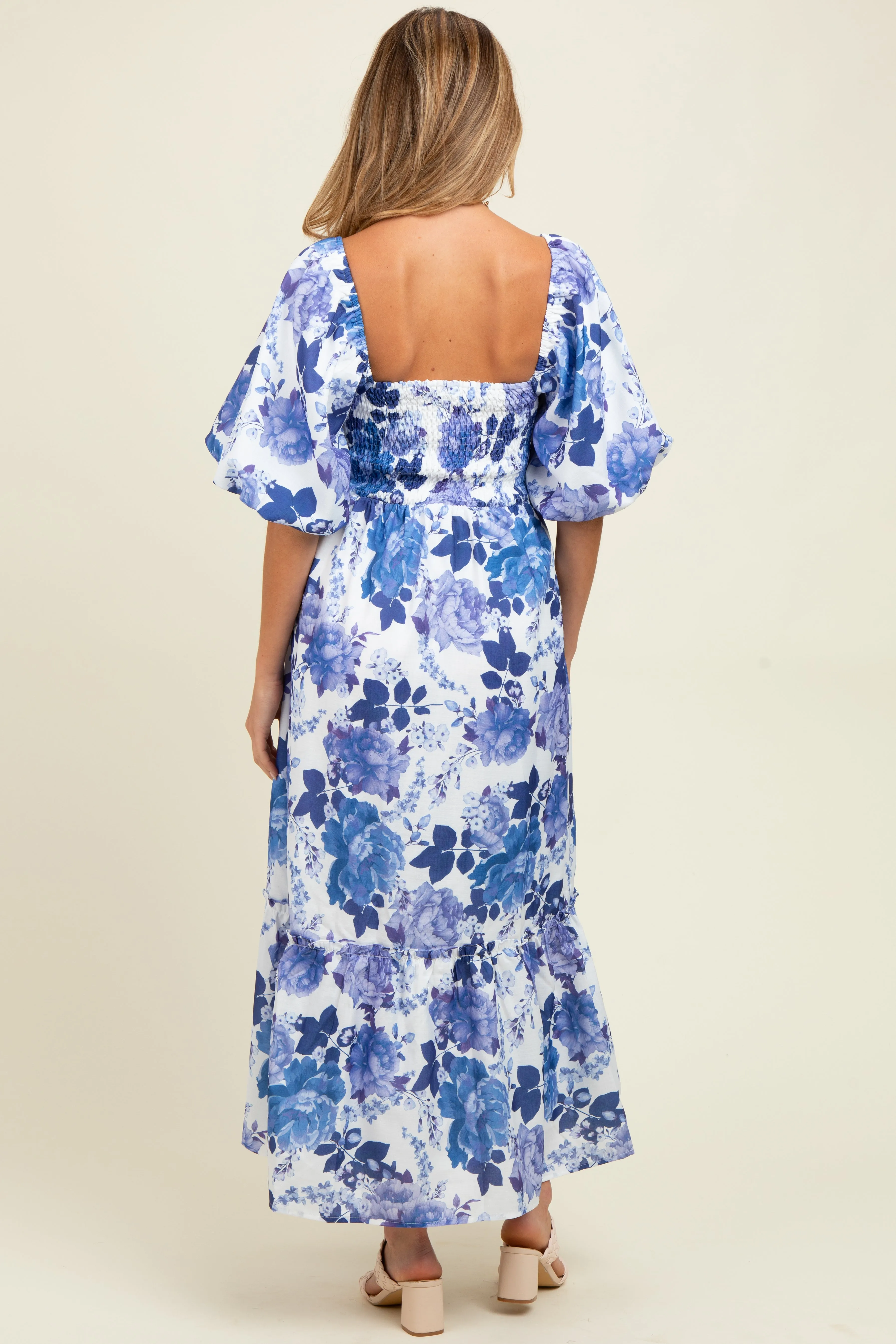 Blue Floral Square Neck Puffed Sleeve Maternity Maxi Dress sold by Pinkblush product image thumbnail 3
