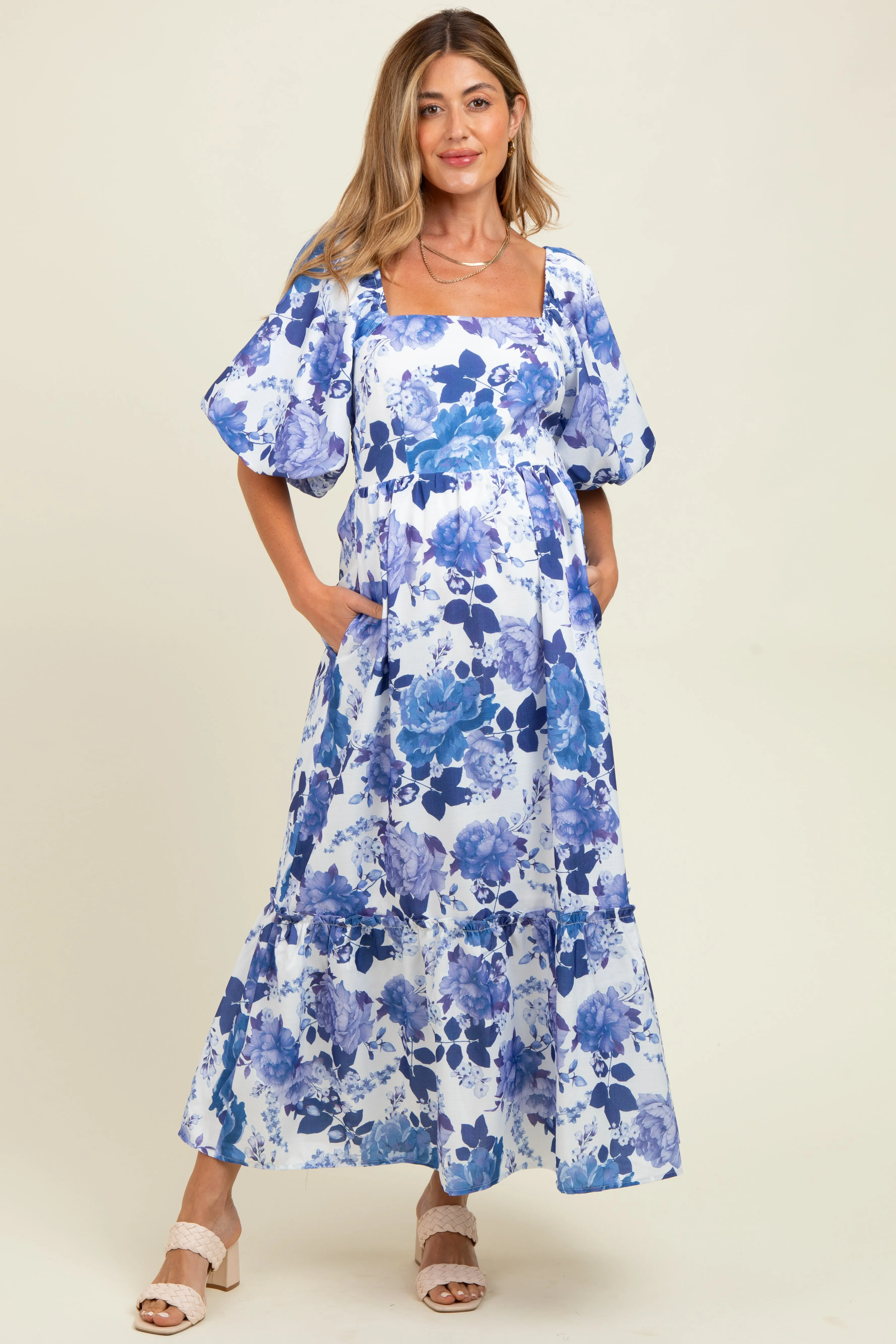 Blue Floral Square Neck Puffed Sleeve Maternity Maxi Dress sold by Pinkblush